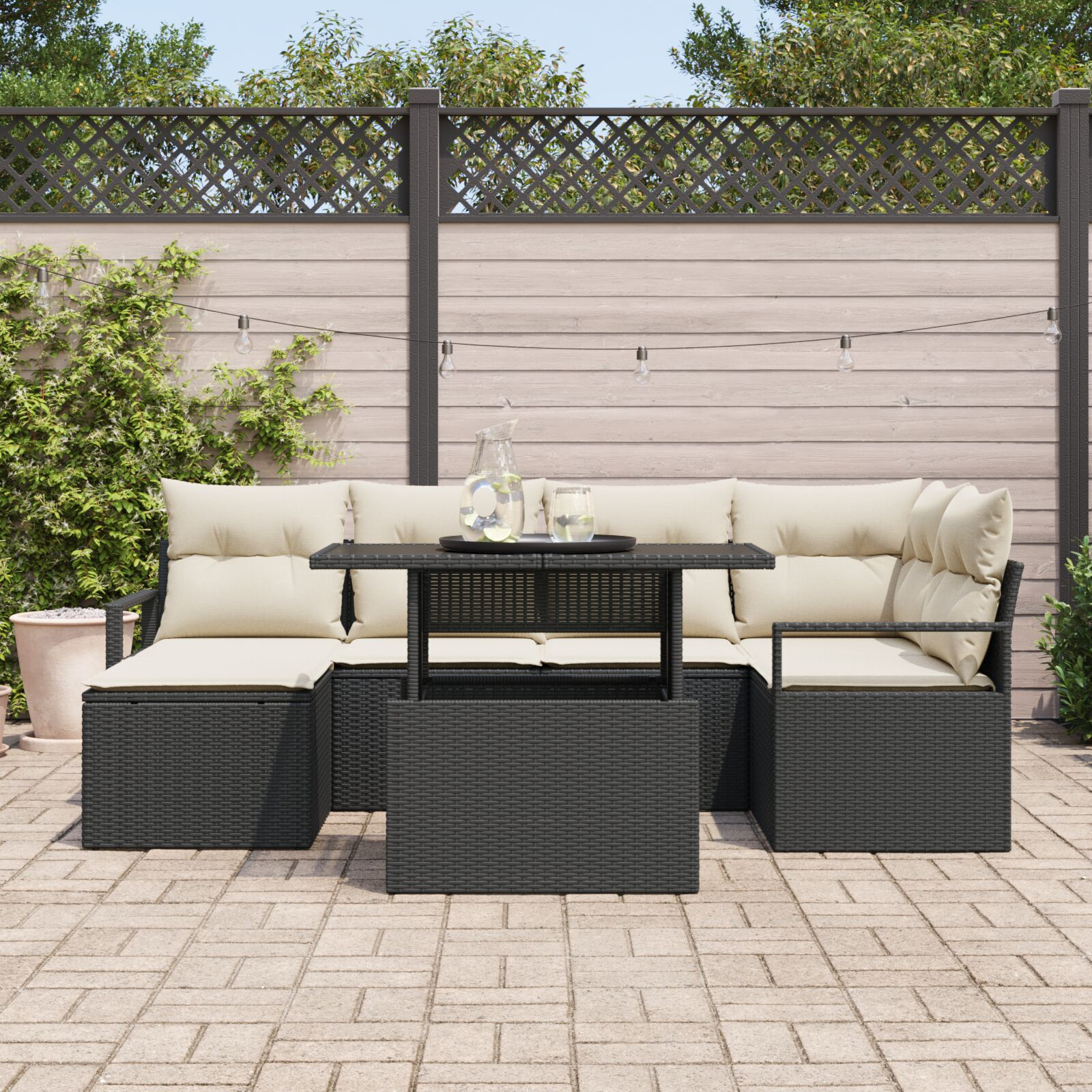 Set Canapea Grădină cu Perne Black Poly Rattan, Canapea Grădină 2 Locuri cu Depozitare și Perne Black Poly Rattan GartenMobel Dekor