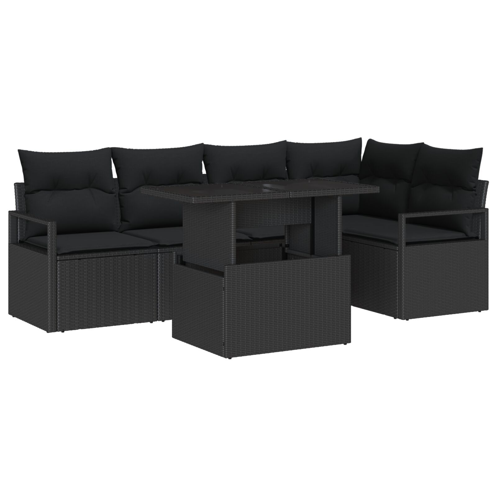 Set Sofa Grădină de 6 Piese cu Perne Ratan Polietilenic Negru, Sofa Grădină 2 Locuri cu Depozitare și Perne Ratan Polietilenic Negru GartenMobel Dekor