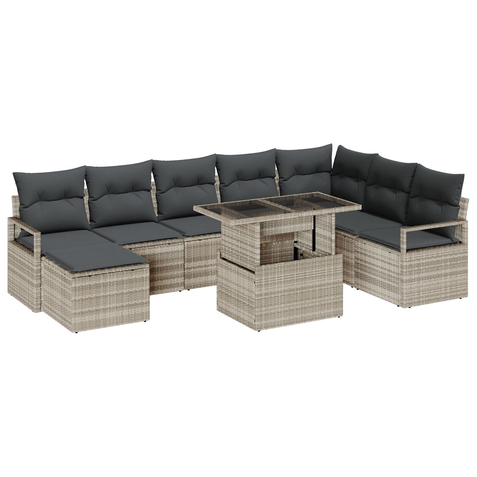 Set de sofa de grădină cu 9 piese și perne gri deschis ratan poli, Sofa de grădină cu 2 locuri cu depozitare și perne gri ratan poli GartenMobel Dekor