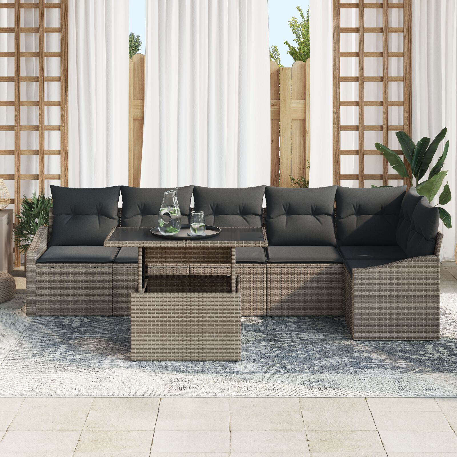 Set de Sofa pentru Grădină cu 7 Piese și Perne Gri din Ratan Poli GartenMobel Dekor