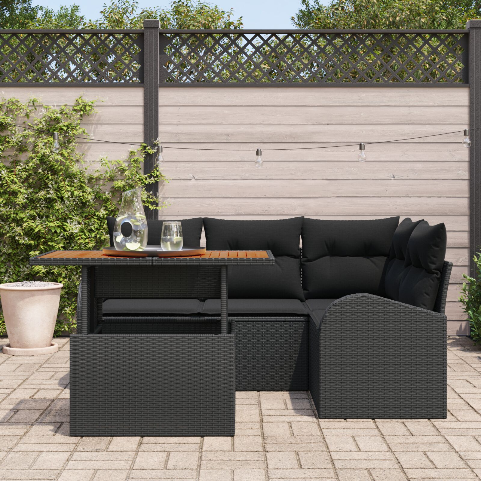 Set de Sofa pentru Grădină cu 5 Piese și Perne din Ratan Polimer Negru, Sofa pentru Grădină cu 2 Locuri cu Spațiu de Stocare & Perne din Ratan Polimer Negru GartenMobel Dekor