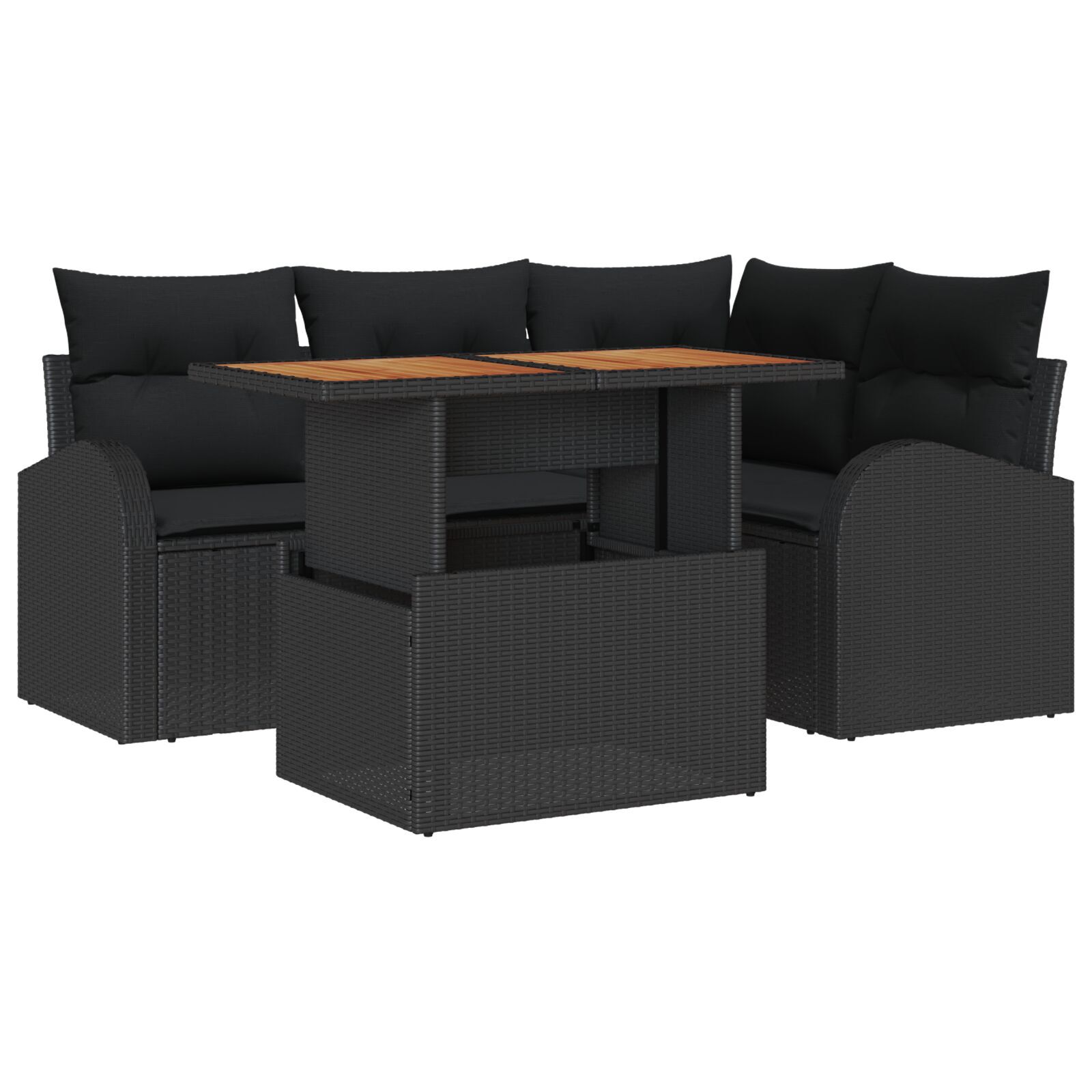 Set de Sofa pentru Grădină cu 5 Piese și Perne din Ratan Polimer Negru, Sofa pentru Grădină cu 2 Locuri cu Spațiu de Stocare & Perne din Ratan Polimer Negru GartenMobel Dekor