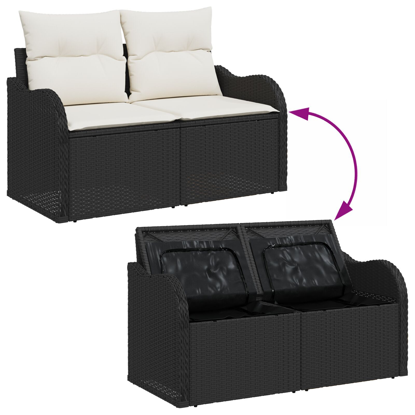Set canapele grădină cu perne Black Poly Rattan, Canapea grădină cu 2 locuri, cu stocare și perne Black Poly Rattan GartenMobel Dekor