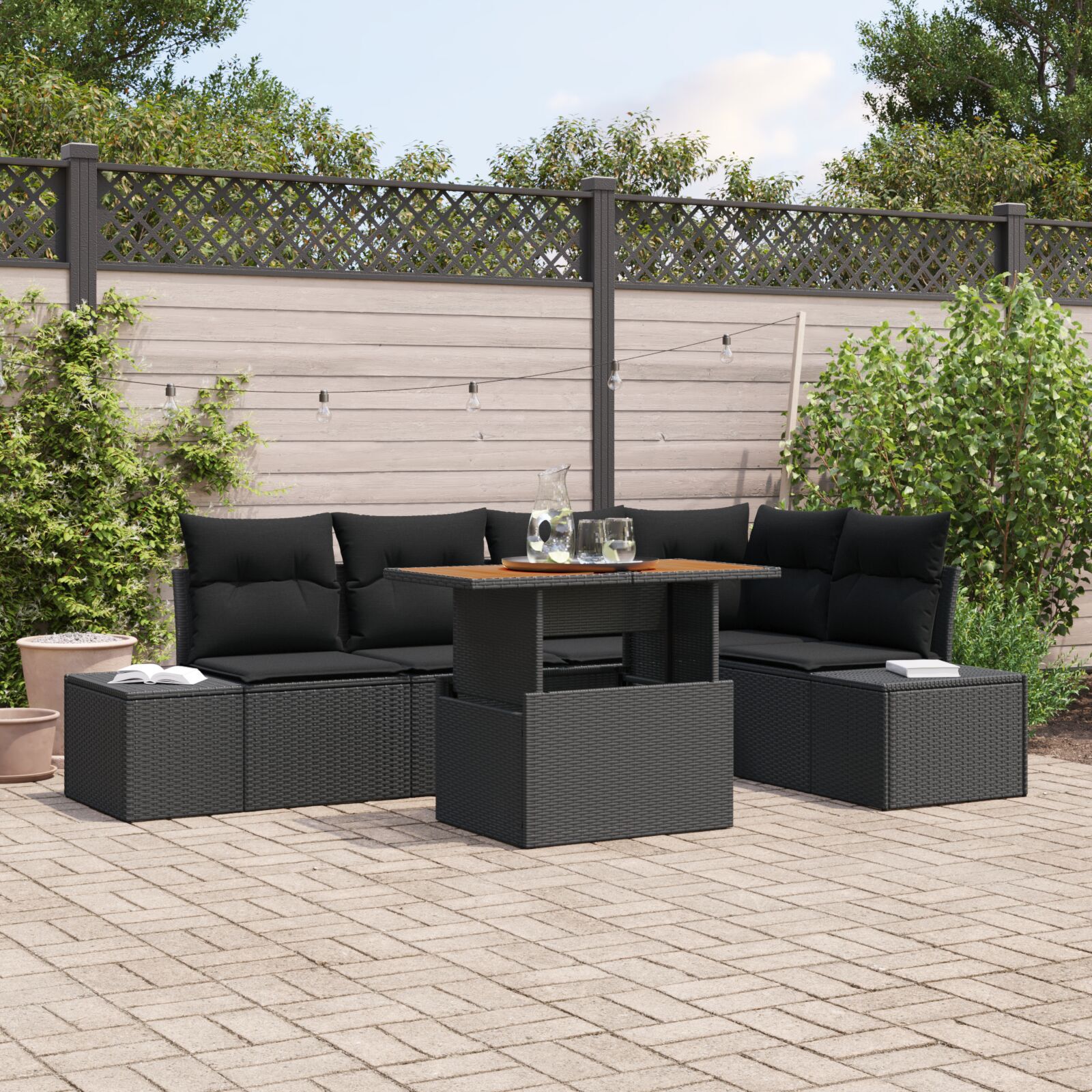 Set de Sofa de Grădină cu 6 Piese și Perne Ratan Polimer Negru GartenMobel Dekor