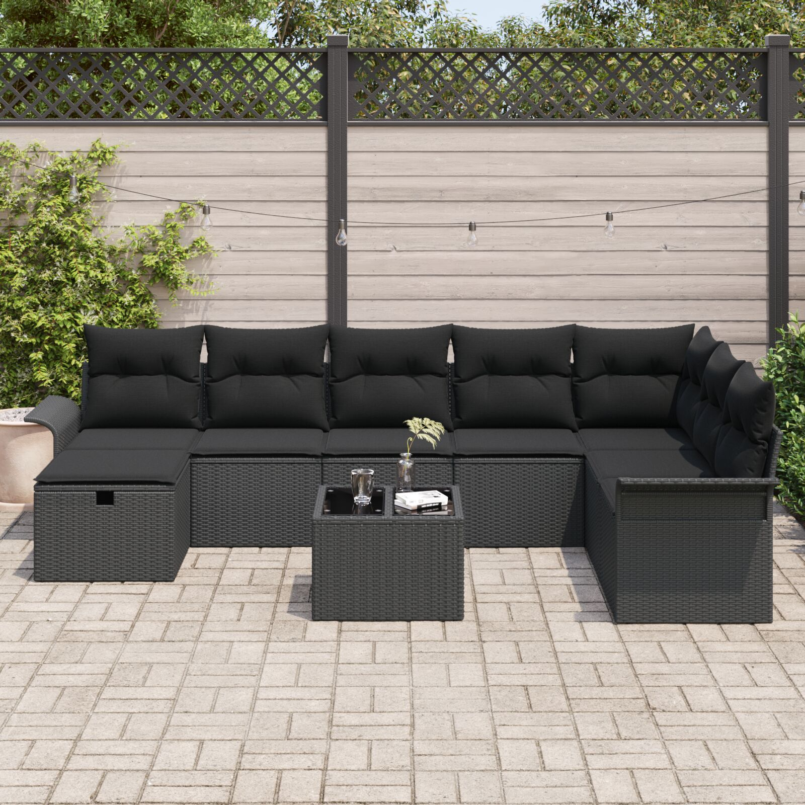 Set canapea grădină de 9 piese cu perne Negru Poliratan GartenMobel Dekor