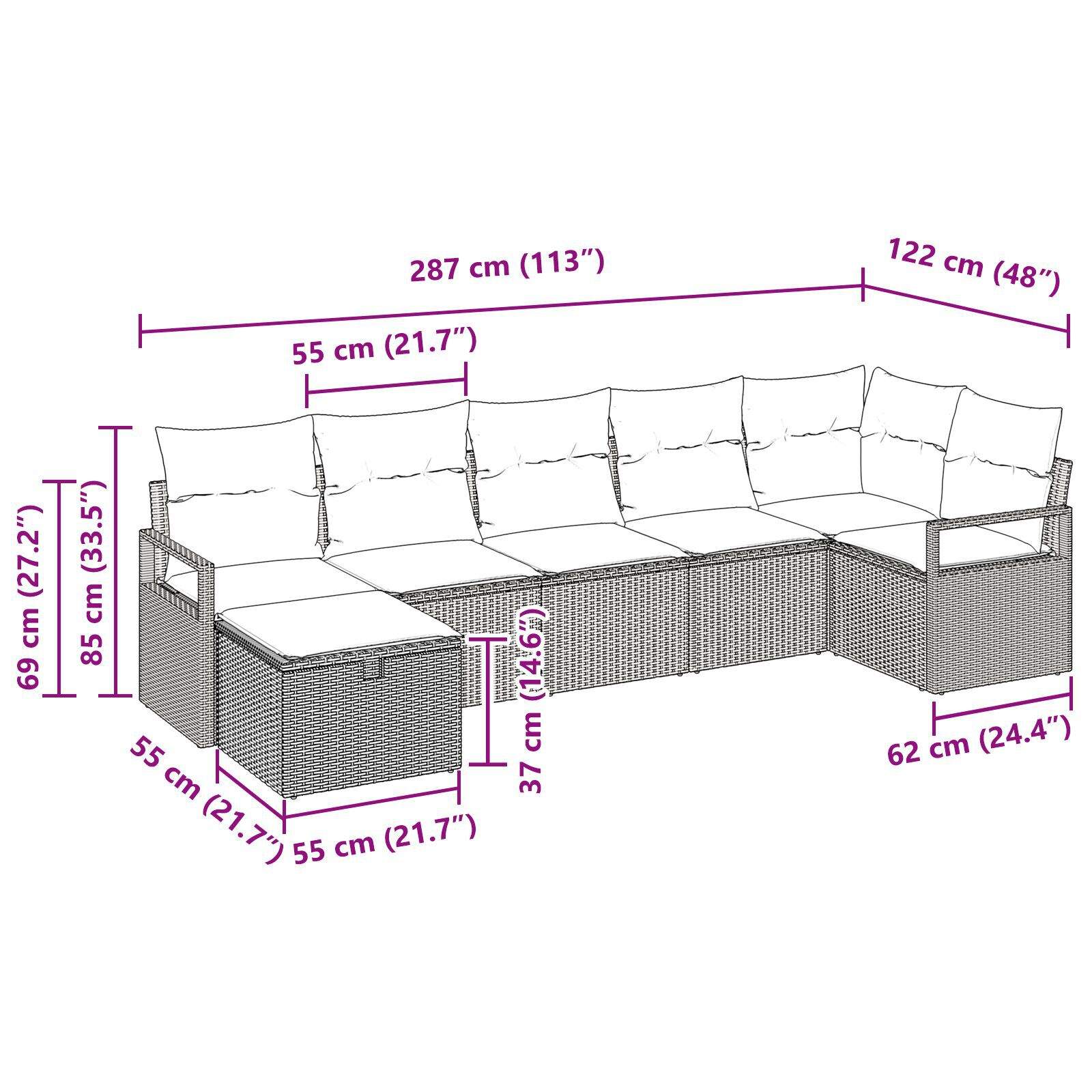 Set de canapea pentru grădină 7 piese cu pernuțe Negru din ratan polimeric, Canapea pentru grădină 2 locuri cu pernuțe Negru din ratan polimeric GartenMobel Dekor