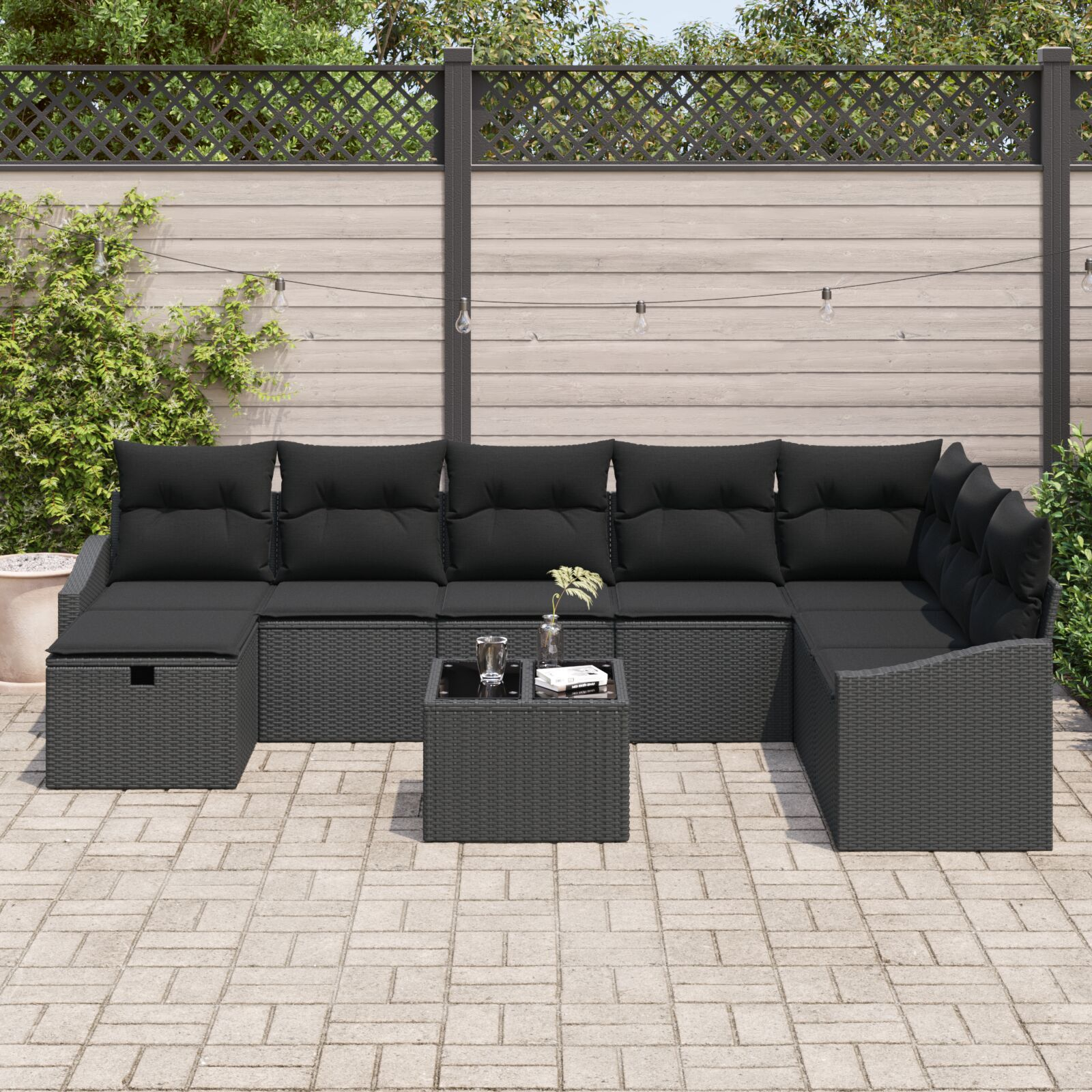 Set de canapea cu 9 piese cu perne Ratan poli negru GartenMobel Dekor