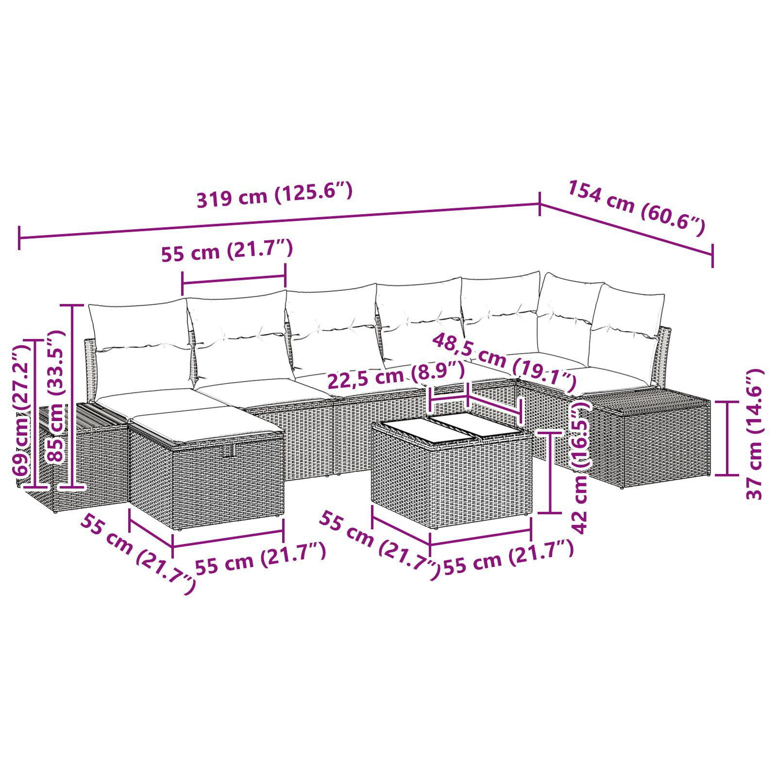 Set de Canapea de Grădină cu 8 Piese și Perne Negre din Poliratán GartenMobel Dekor