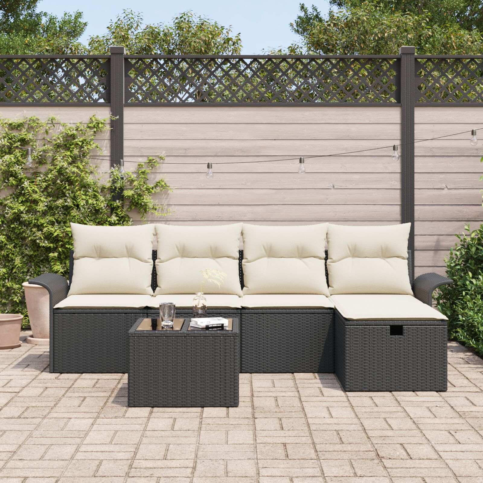 Set de Sofa de Grădină de 6 Piese cu Perne Negru din Ratan Polimeric, Sofa de Grădină pentru 2 Persoane cu Spațiu de Stocare și Perne Negru din Ratan Polimeric GartenMobel Dekor