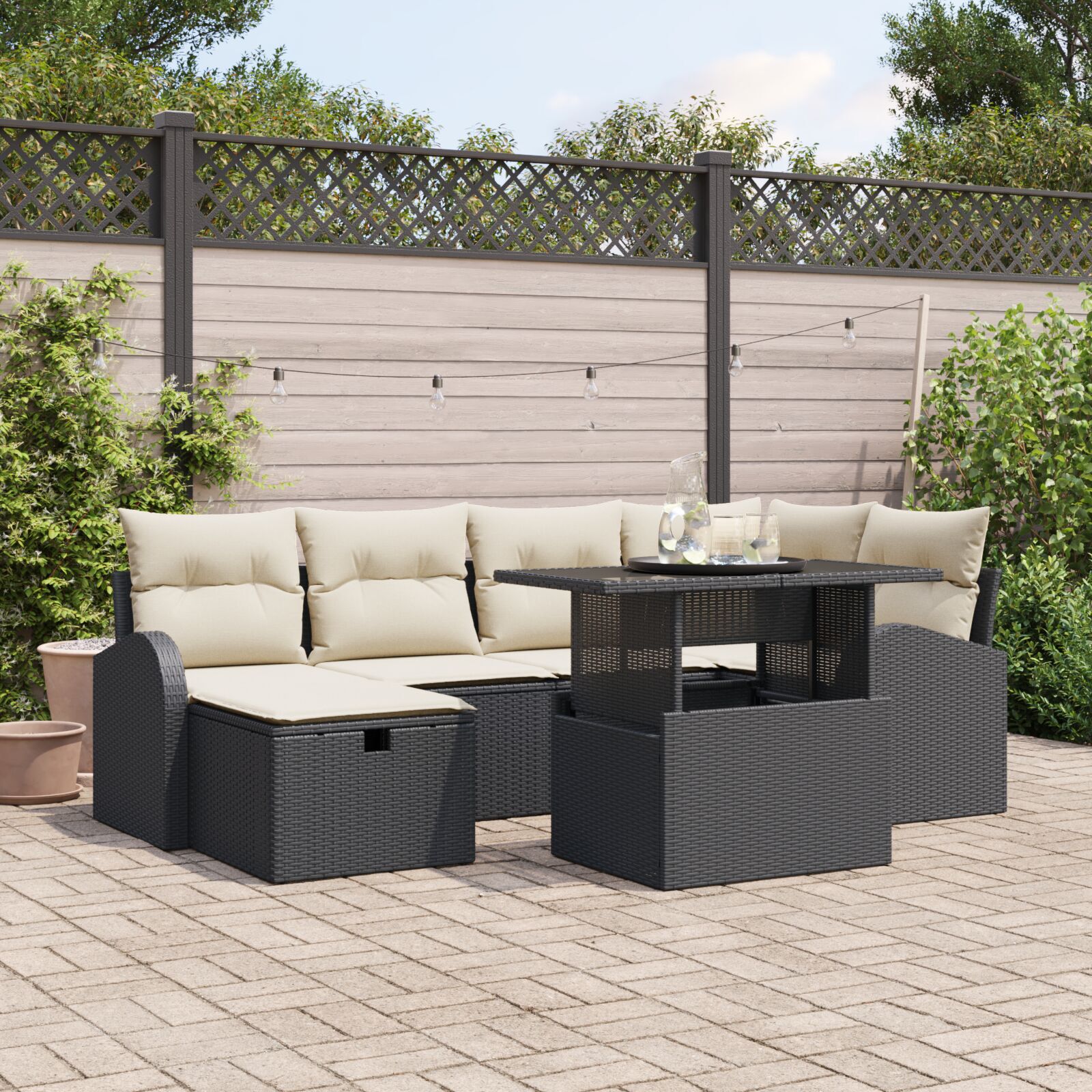 Set canapele grădină 7 piese cu perne Negru Rattan Poliester, Canapea grădină 2 locuri cu stocare și perne Negru Rattan Poliester GartenMobel Dekor