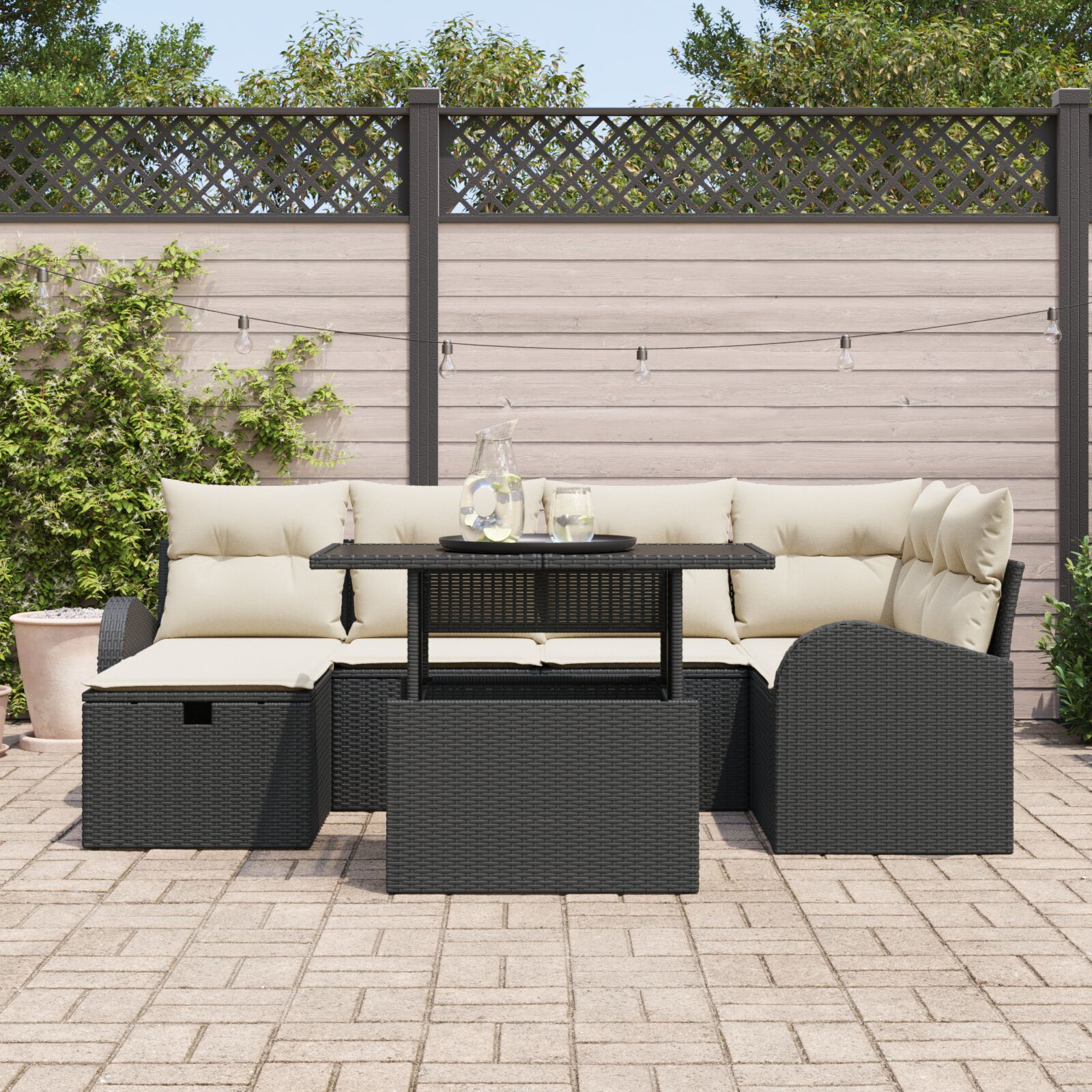 Set canapele grădină 7 piese cu perne Negru Rattan Poliester, Canapea grădină 2 locuri cu stocare și perne Negru Rattan Poliester GartenMobel Dekor