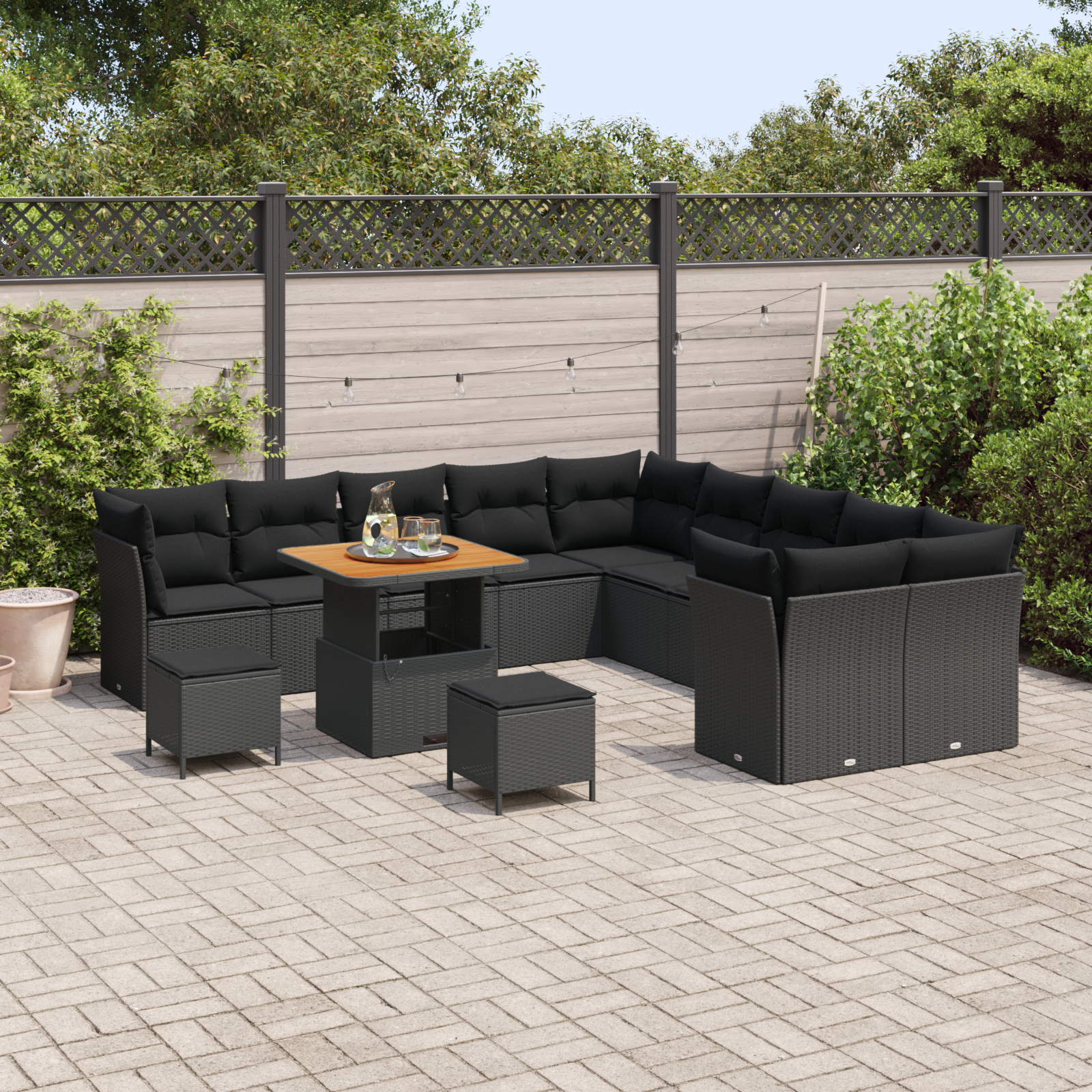 set de canapele pentru grădină cu 13 piese și perne negru poliratan acacia, set de dining pentru grădină cu 3 piese și perne negru poliratan acacia GartenMobel Dekor