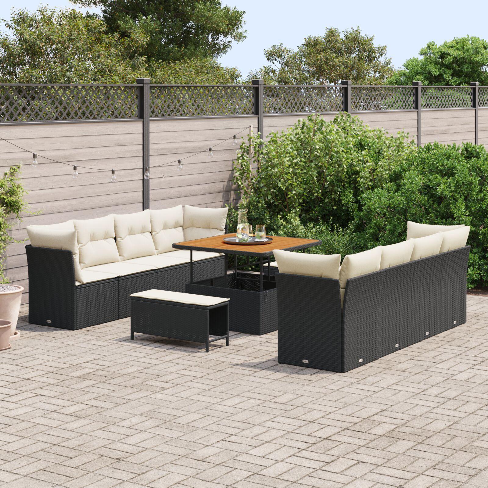 Set de Sofa de Grădină cu 11 Piese cu Perne Negre Ratan Polimeric Acacia, Set de Dining de Grădină cu 3 Piese cu Perne Negre Ratan Polimeric Acacia GartenMobel Dekor