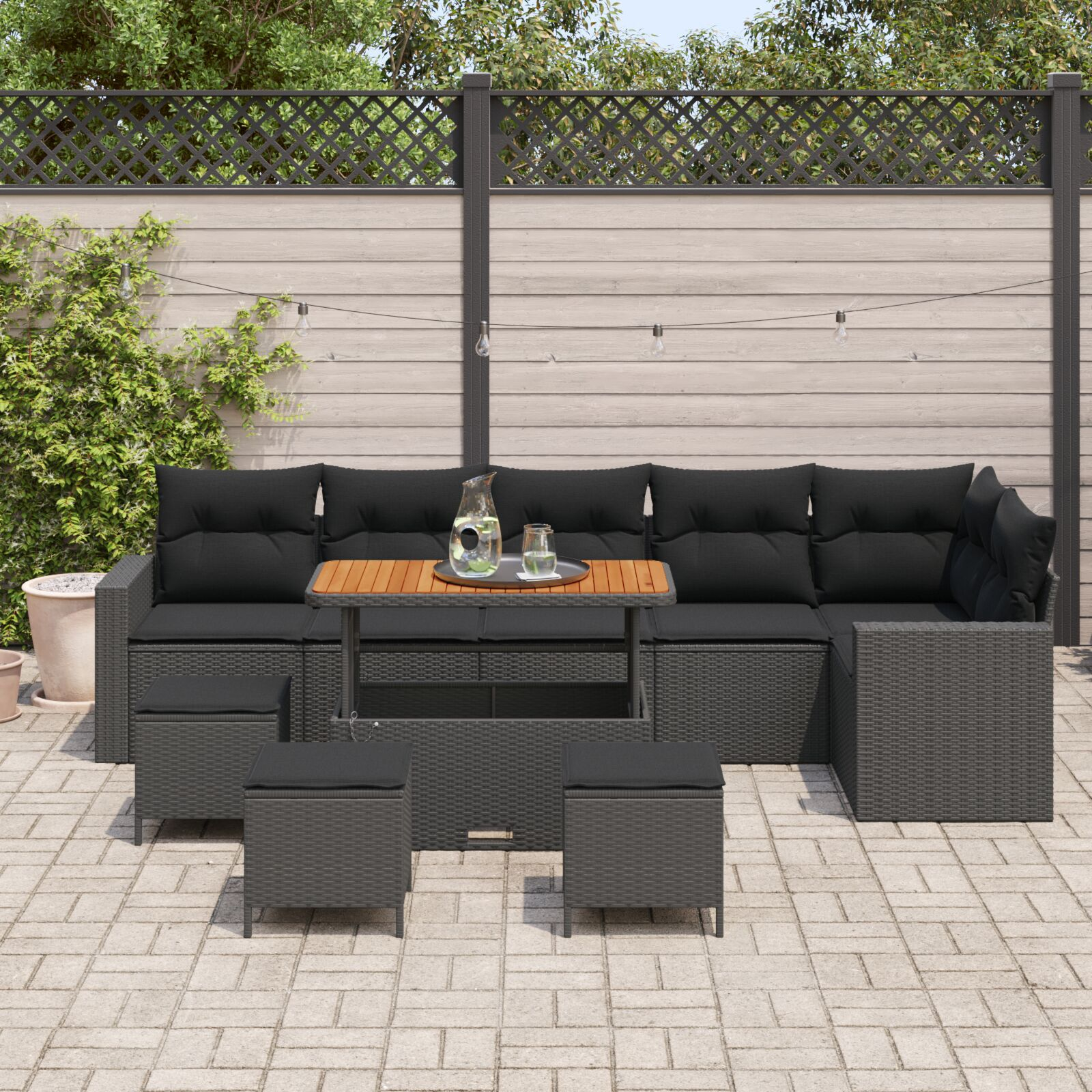 Set 10 Piese Canapea Grădină Perne Negru Poliratan Acacia, Set 4 Piese Canapea Grădină Perne Negru Poliratan Acacia GartenMobel Dekor