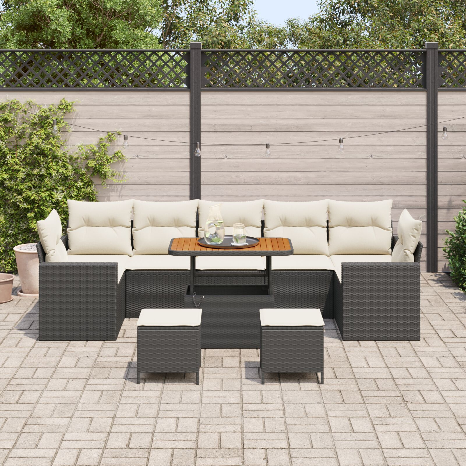 Set canapea grădină 10 piese cu perne din rattan sintetic negru și acacia, Set dining grădină 3 piese cu perne din rattan sintetic negru și acacia GartenMobel Dekor