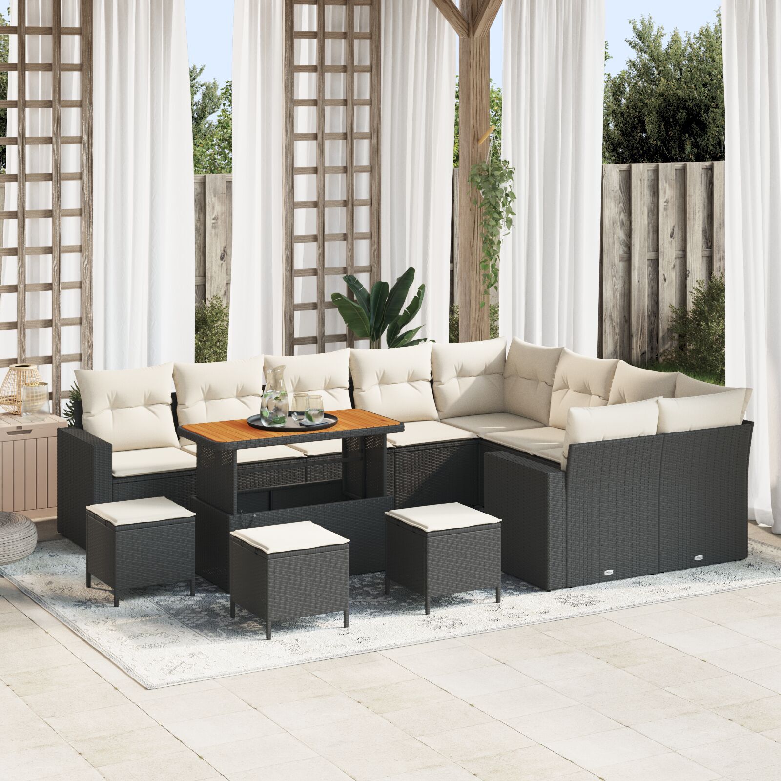 Set canapea grădină cu perne Negru Rattan Poli Acacia, Set dining grădină cu perne Negru Rattan Poli Acacia GartenMobel Dekor