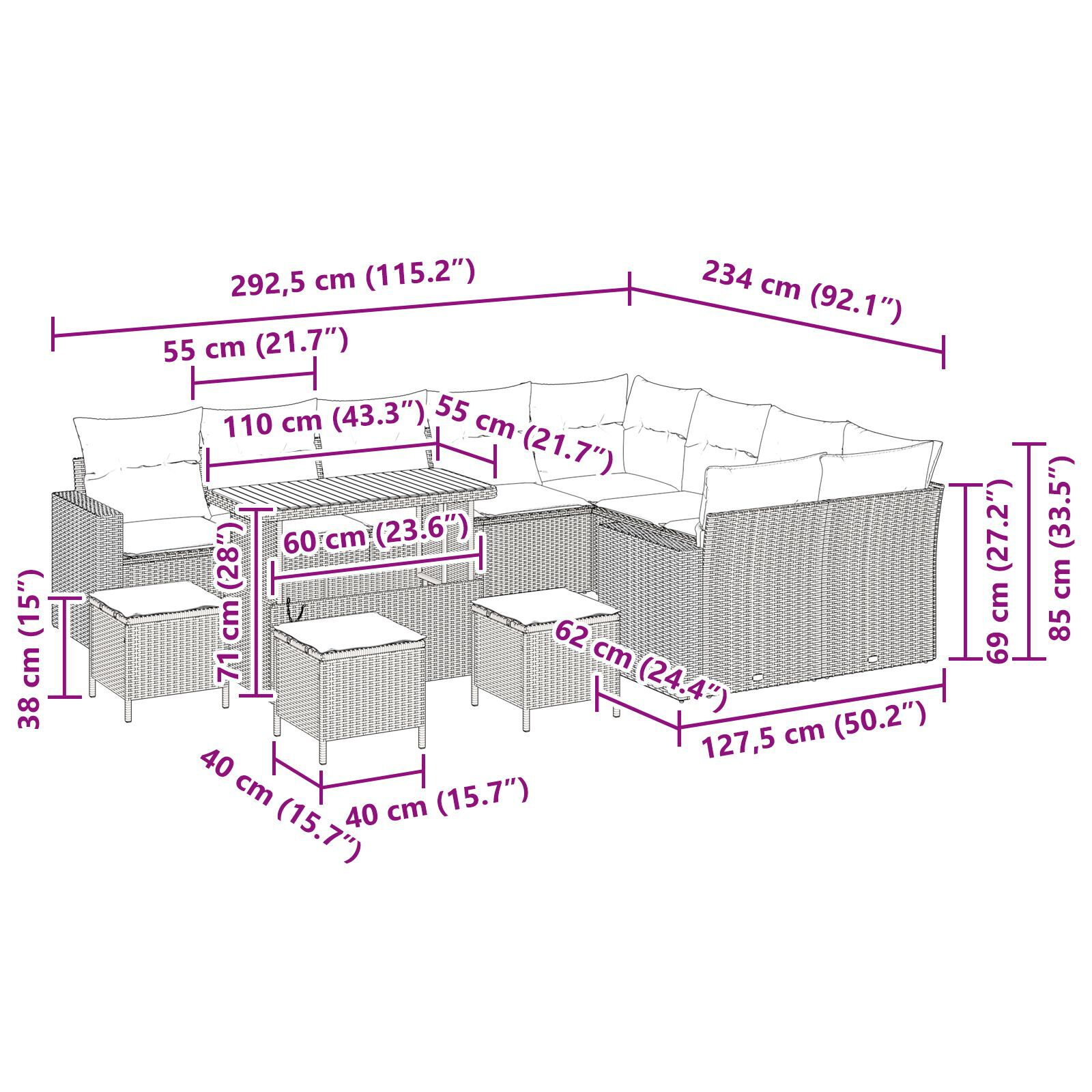 Set canapea grădină cu perne Negru Rattan Poli Acacia, Set dining grădină cu perne Negru Rattan Poli Acacia GartenMobel Dekor