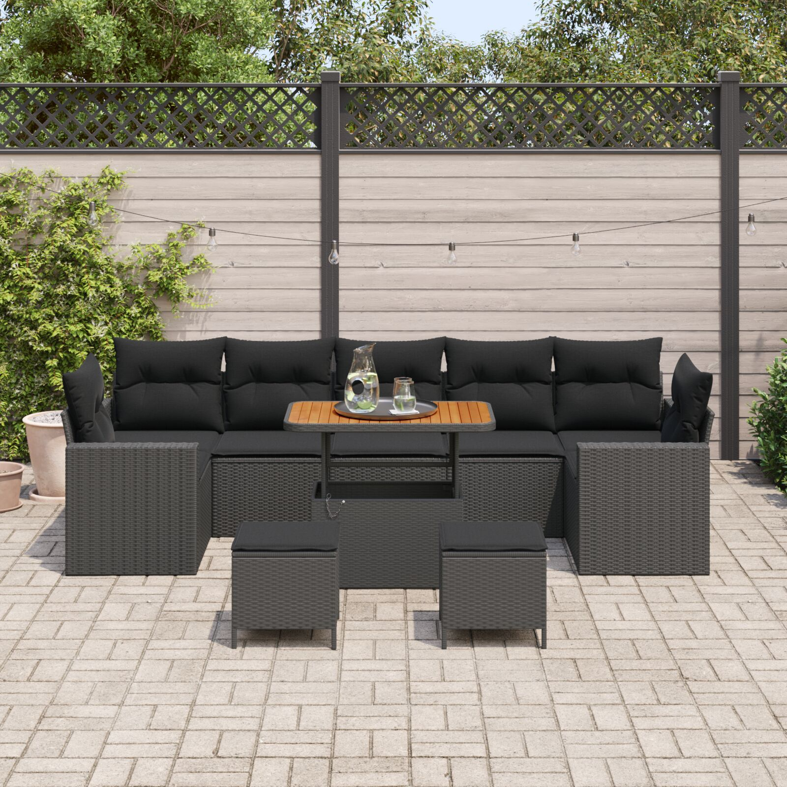 Set de Sofa pentru Grădină cu 10 Piese și Pernițe din Poliratan Negru Acacia, Set de Dining pentru Grădină cu 3 Piese și Pernițe din Poliratan Negru Acacia GartenMobel Dekor
