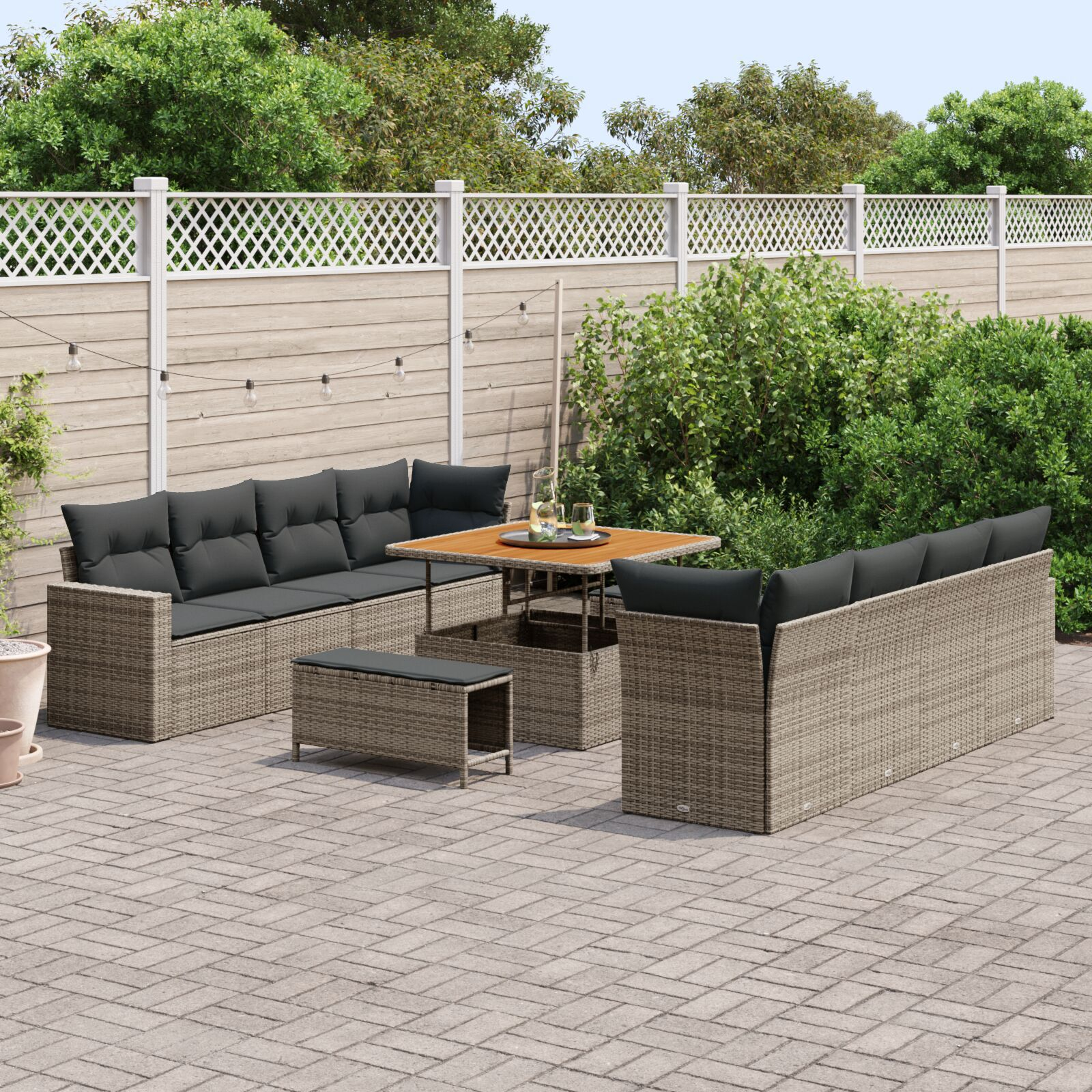 Set de canapea pentru grădină cu 11 piese și perne gri Rattan Poli Acacia, Set de dining pentru grădină cu 3 piese și perne gri Rattan Poli Acacia GartenMobel Dekor