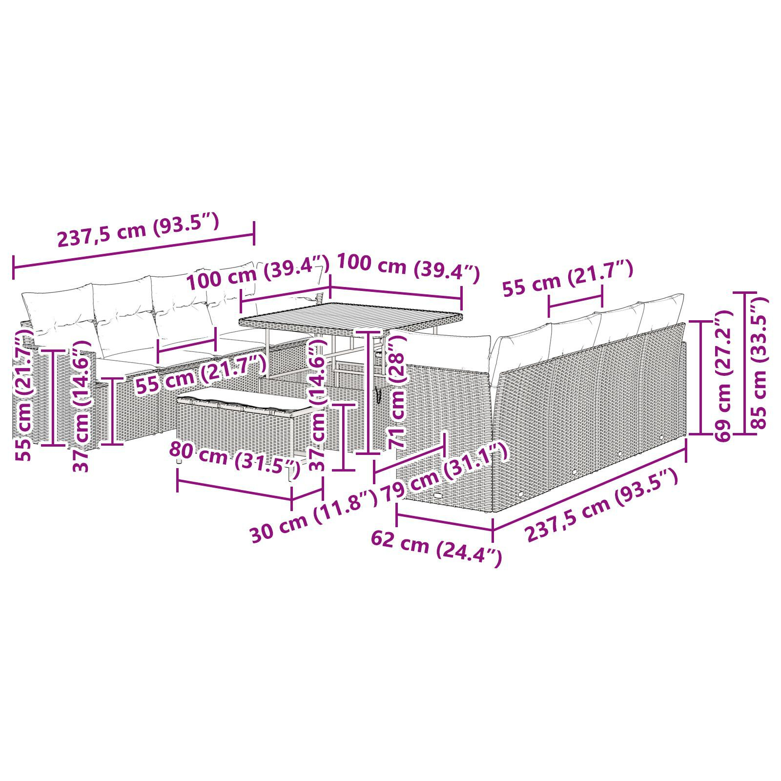 Set de canapea pentru grădină cu 11 piese și perne gri Rattan Poli Acacia, Set de dining pentru grădină cu 3 piese și perne gri Rattan Poli Acacia GartenMobel Dekor