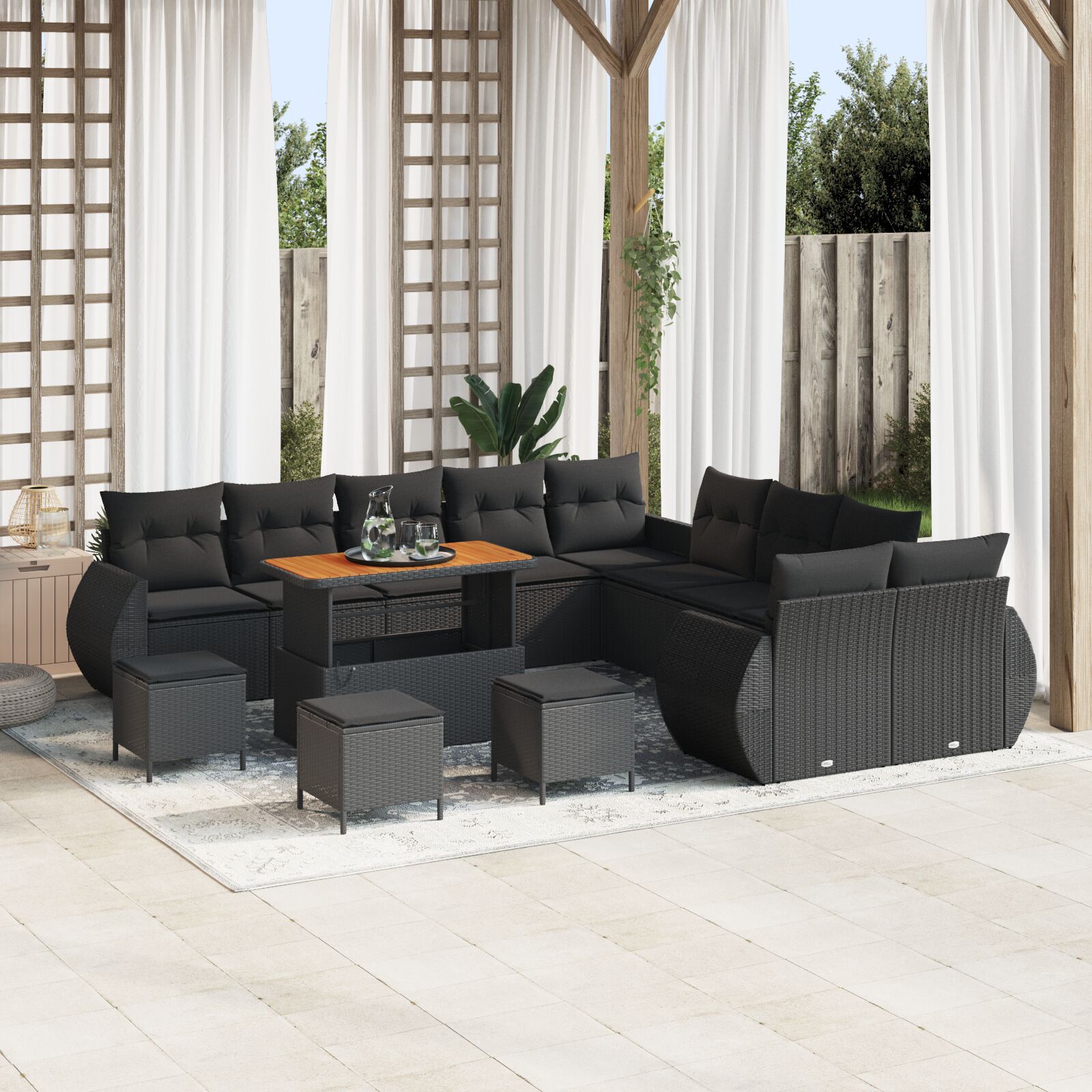 Set de Sofa pentru Grădină cu 13 Piese cu Perne Negru Ratan Poli Acacia, Set de Dining pentru Grădină cu 3 Piese cu Perne Negru Ratan Poli Acacia GartenMobel Dekor