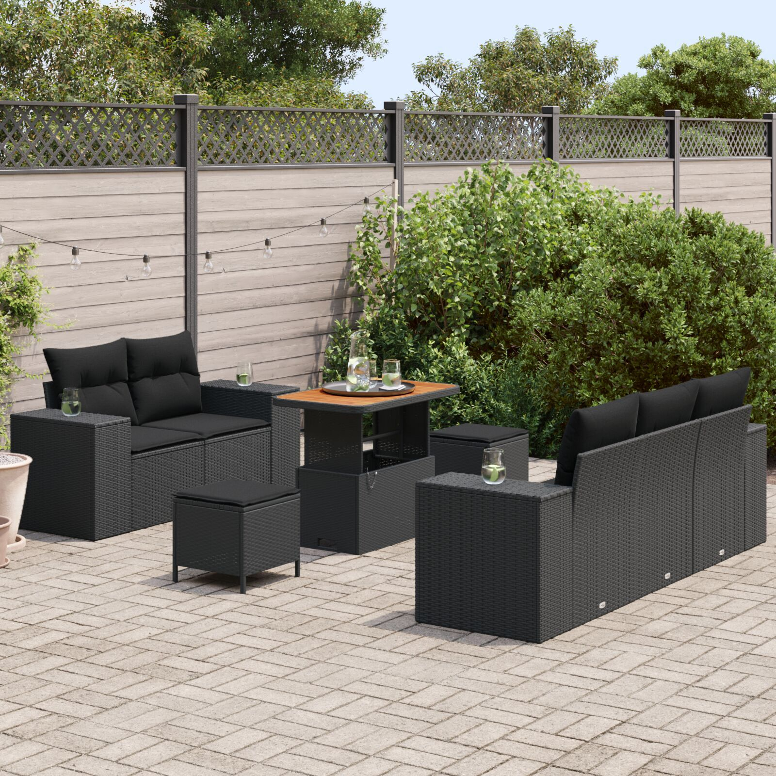 Set Sofa Grădină 8 Piese cu Perne Negru Poliratan Acacia, Set Dining Grădină 3 Piese cu Perne Negru Poliratan Acacia GartenMobel Dekor