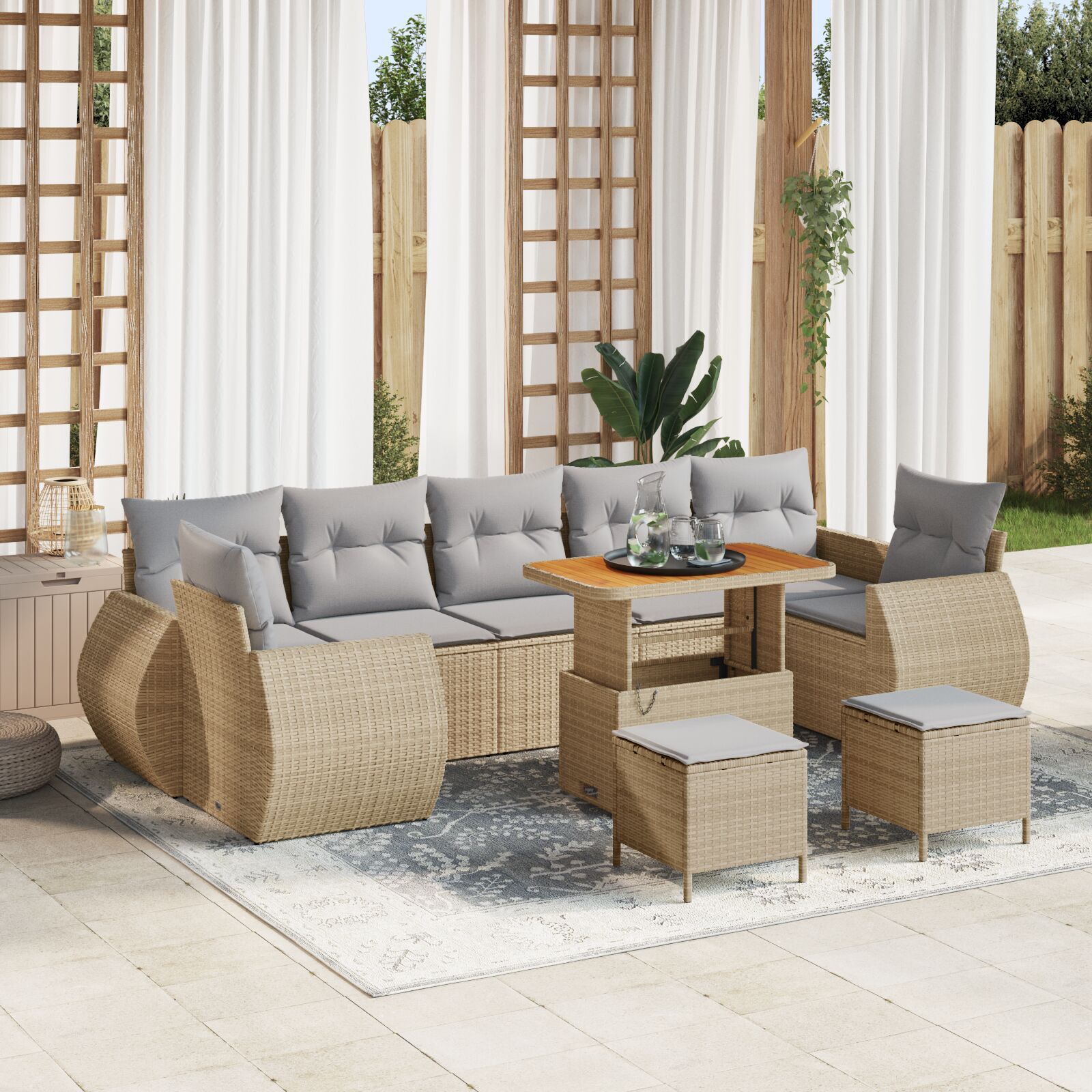 Set Sofas Grădină cu 10 Piese și Perne Bej Ratan Polimer, Set Dining Grădină cu 3 Piese și Perne Bej Ratan Polimer GartenMobel Dekor