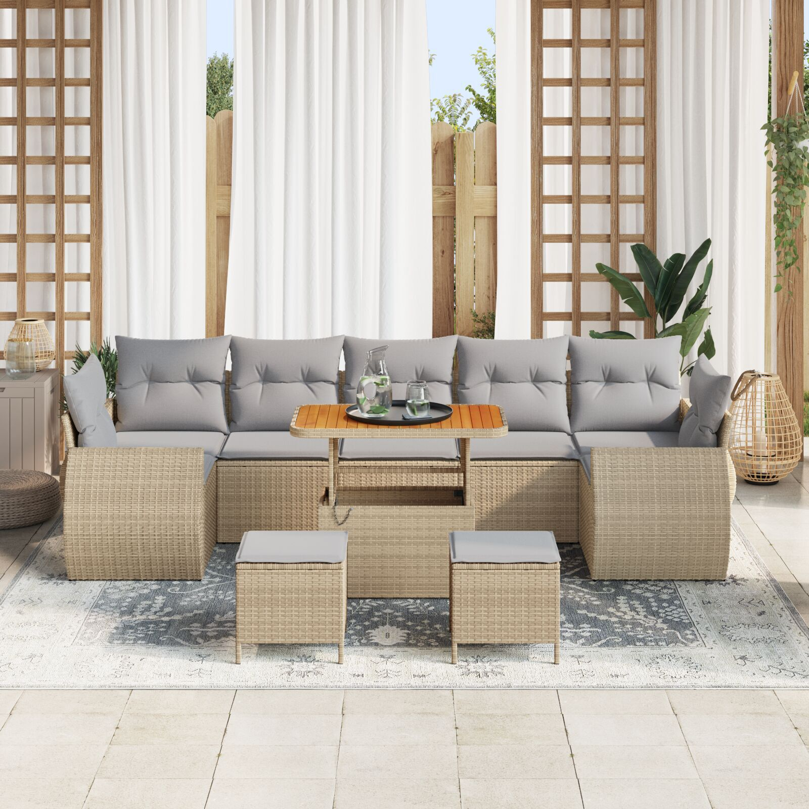 Set Sofas Grădină cu 10 Piese și Perne Bej Ratan Polimer, Set Dining Grădină cu 3 Piese și Perne Bej Ratan Polimer GartenMobel Dekor