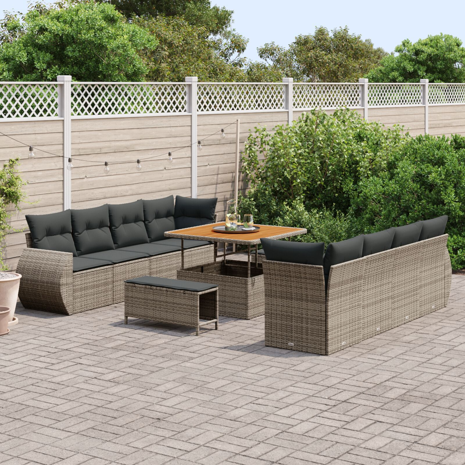 Set de Sofa de Grădină cu 11 Piese cu Pernuțe Gri din Ratan Poliester Acacia, Set de Dining pentru Grădină cu 3 Piese cu Pernuțe Gri din Ratan Poliester Acacia GartenMobel Dekor