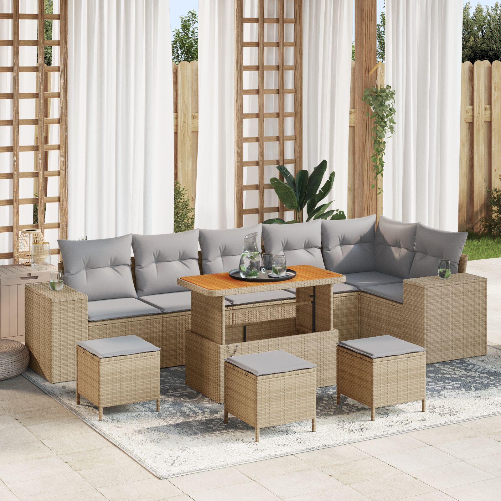 Set Canapea Grădină 9 Piese cu Perne Bej Rattan Polimer Acacia, Set Mese Grădină 3 Piese cu Perne Bej Rattan Polimer Acacia GartenMobel Dekor