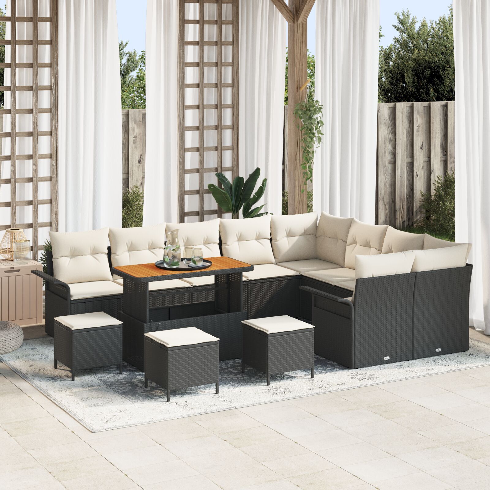 Set Sofa Grădină 13 Piese Pernuțe Negru Poliratán Acacia, Set Dining Grădină 4 Piese Pernuțe Negru Poliratán Acacia, Sofa 2 Persoane Grădină Pernuțe Negru Poliratán GartenMobel Dekor