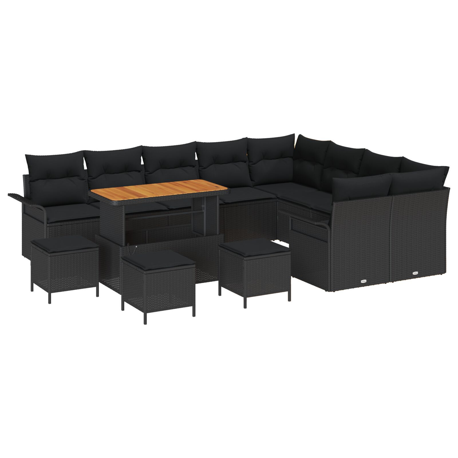 Set de 12 Piese pentru Grădină cu Pernuțe Negru din Ratan PE și Acacia, Set de 3 Piese pentru Grădină cu Pernuțe Negru din Ratan PE și Acacia, Sofa de Grădină cu Două Locuri și Pernuțe Negru din Ratan PE GartenMobel Dekor