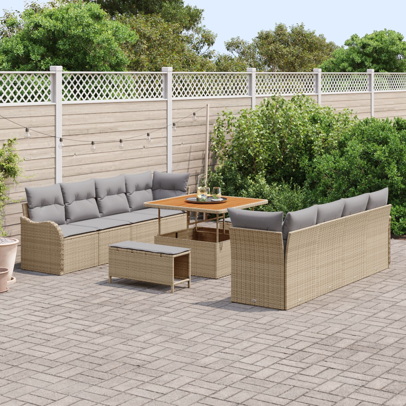 Set canapea grădină 11 piese bej rattan sintetic acacia, Canapea grădină 2 locuri perne bej rattan sintetic, Set dining grădină 3 piese perne bej rattan sintetic acacia GartenMobel Dekor