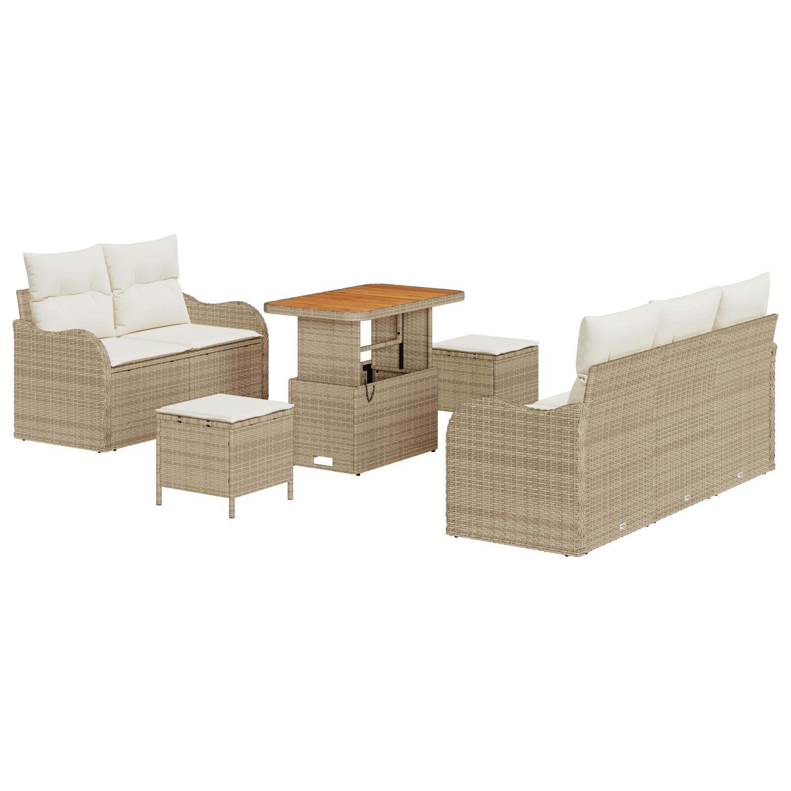 Set de Sofa pentru Grădină 8 Piese cu Pernițe Bej Ratan Poli Acacia, Sofa pentru Grădină 2-Seater cu Pernițe Bej Ratan Poli, Set de Dining pentru Grădină 3 Piese cu Pernițe Bej Ratan Poli Acacia GartenMobel Dekor