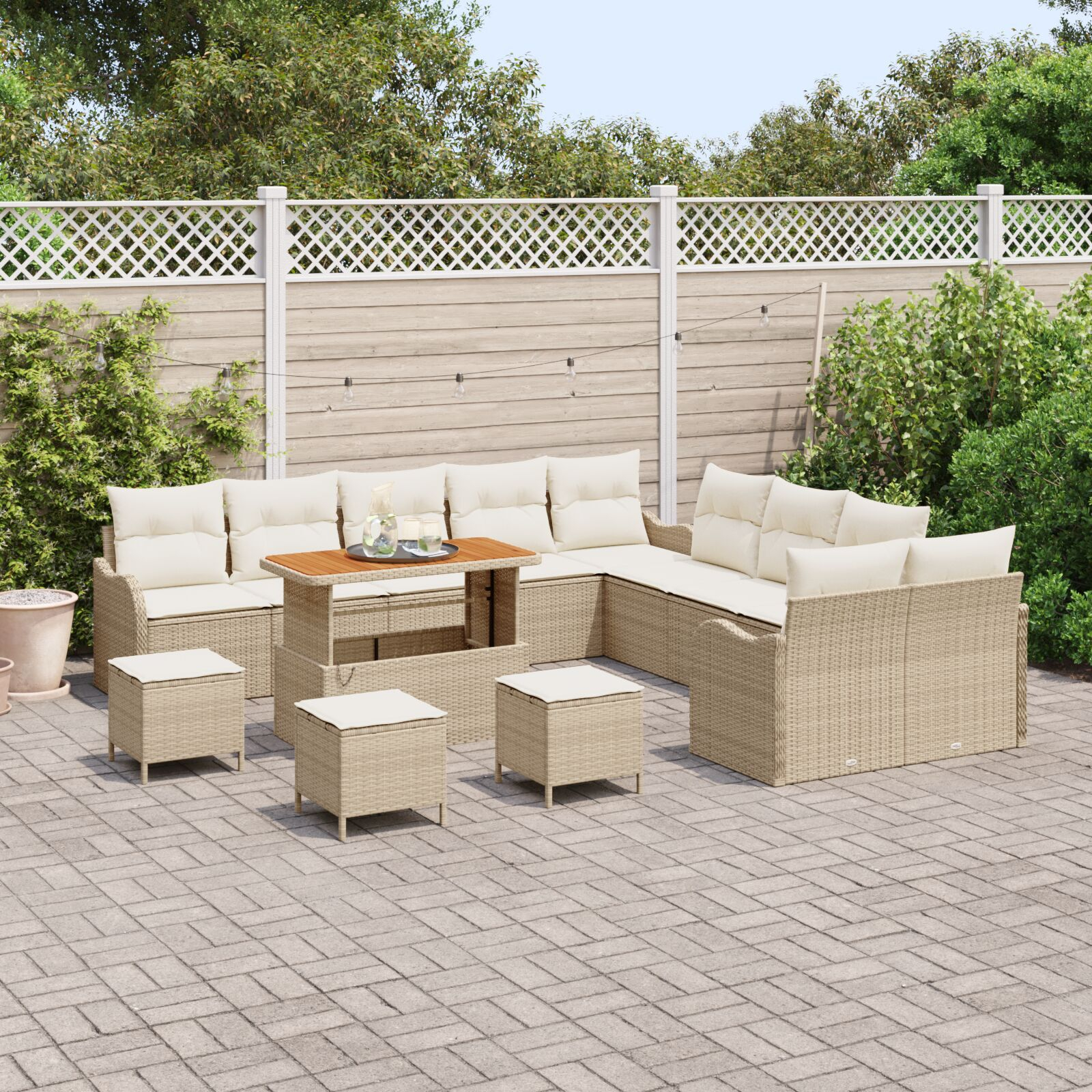 Set de canapea cu 13 piese cu perne Bej Ratan Acacia, Canapea de grădină cu 2 locuri cu perne Bej Ratan, Set de dining pentru grădină cu 3 piese cu perne Bej Ratan Acacia GartenMobel Dekor