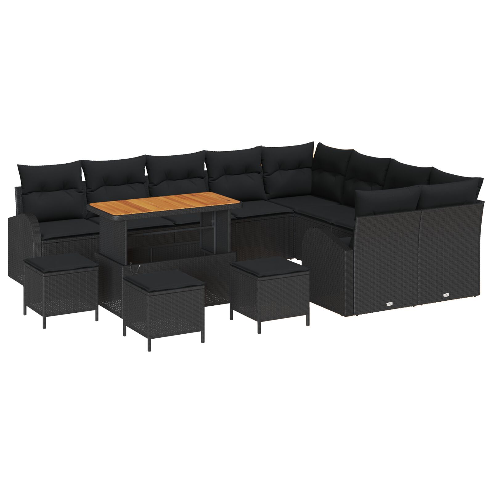 Set de canapea de grădină 12 piese cu perne Negru Rattan poli Acacia, Set de dining de grădină 3 piese cu perne Negru Rattan poli Acacia, Canapea de grădină cu două locuri cu perne Negru Rattan poli GartenMobel Dekor