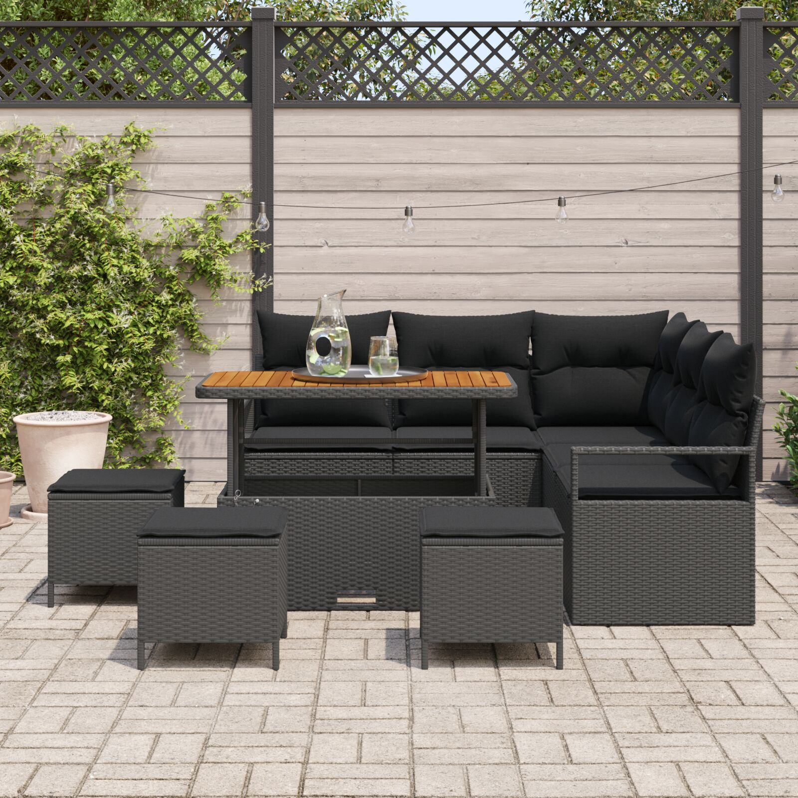 Set de Sofas pentru Grădină cu Perne 8 Piese Negru Poliratan Acacia, Sofa de Grădină cu Perne pentru 2 Persoane Negru Poliratan, Set de Dining pentru Grădină cu Perne 3 Piese Negru Poliratan Acacia GartenMobel Dekor