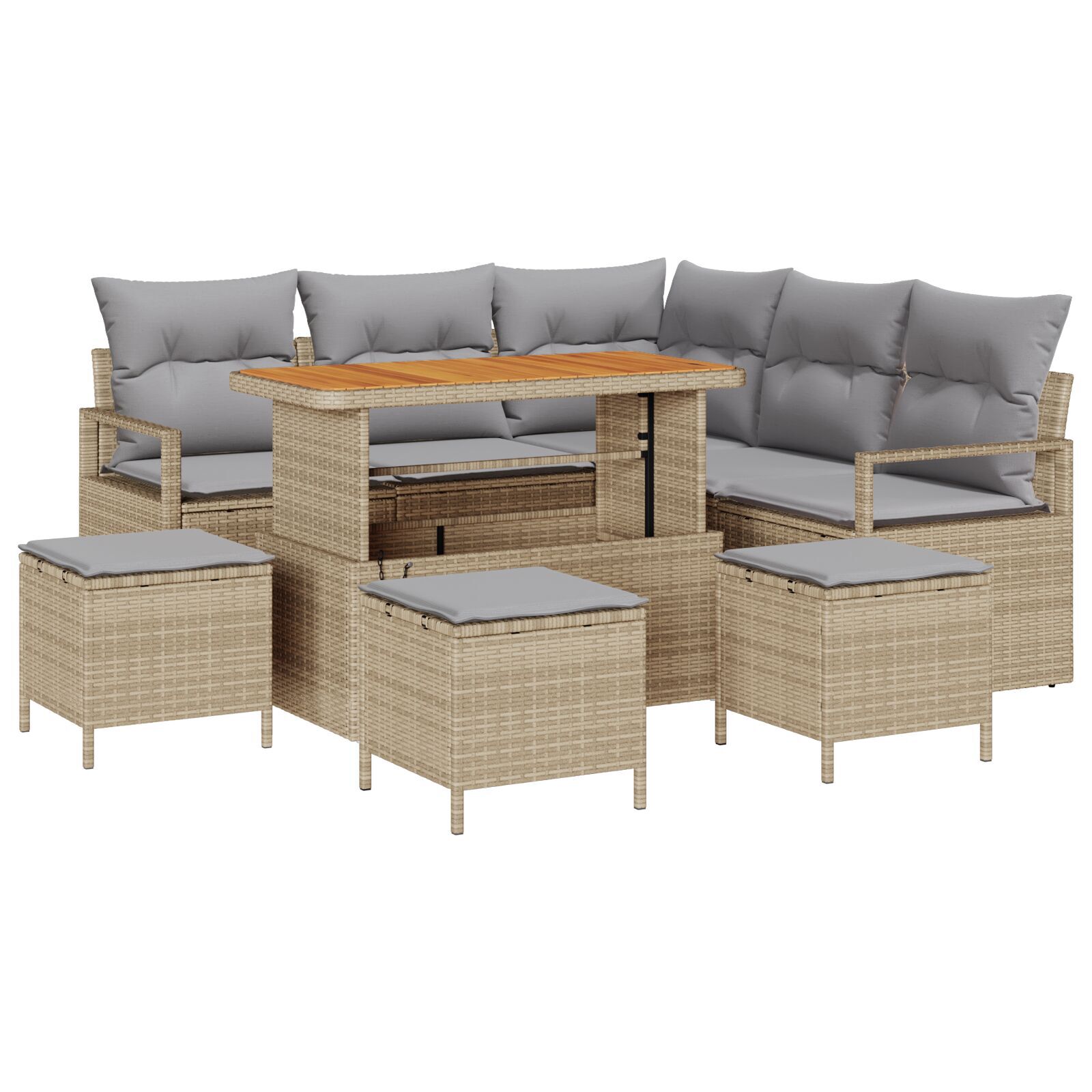 Set de Sofas pentru Grădină cu Perne Bej, Ratan Polimeric, Acacia, 8 Piese, Sofa de Grădină cu Perne Bej, Ratan Polimeric, 2 Piese, Set de Dining pentru Grădină cu Perne Bej, Ratan Polimeric, 3 Piese GartenMobel Dekor