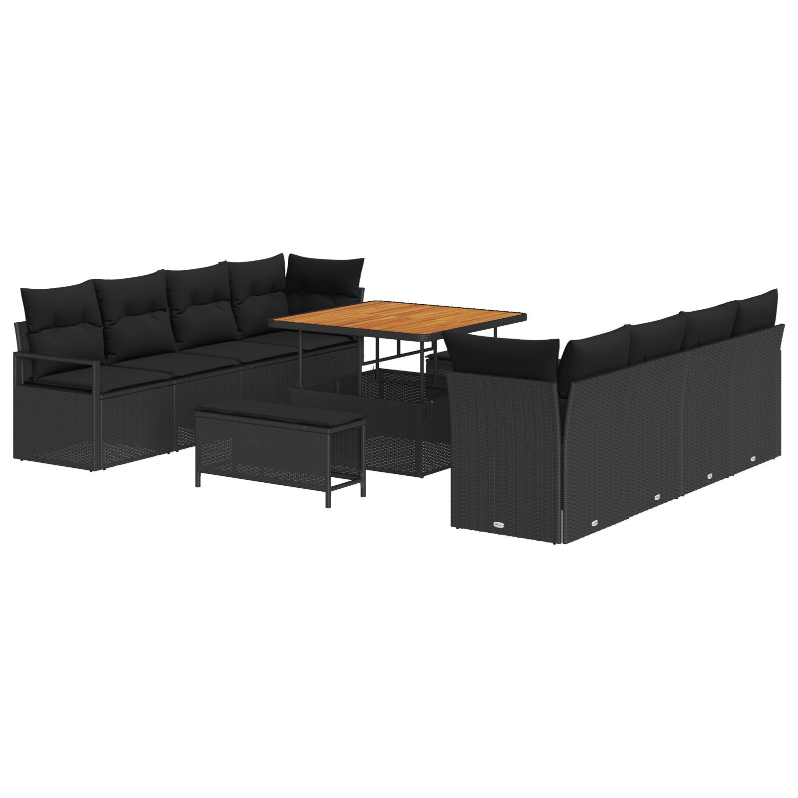 Set de Sofa Grădină 11 Piese cu Perne Negre Poliratan Acacia, Sofa Grădină pentru 2 Persoane cu Perne Negre Poliratan, Set Dining Grădină 3 Piese cu Perne Negre Poliratan Acacia GartenMobel Dekor
