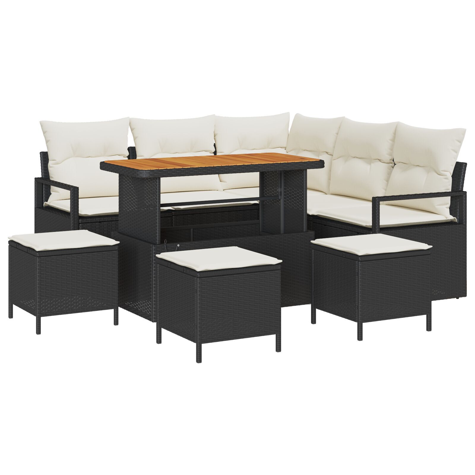 Set de sofa de 8 piese cu perne Negre Poliratan Acacia, Sofa de 2 locuri cu perne Negre Poliratan, Set de dining pentru grădină de 3 piese cu perne Negre Poliratan Acacia GartenMobel Dekor