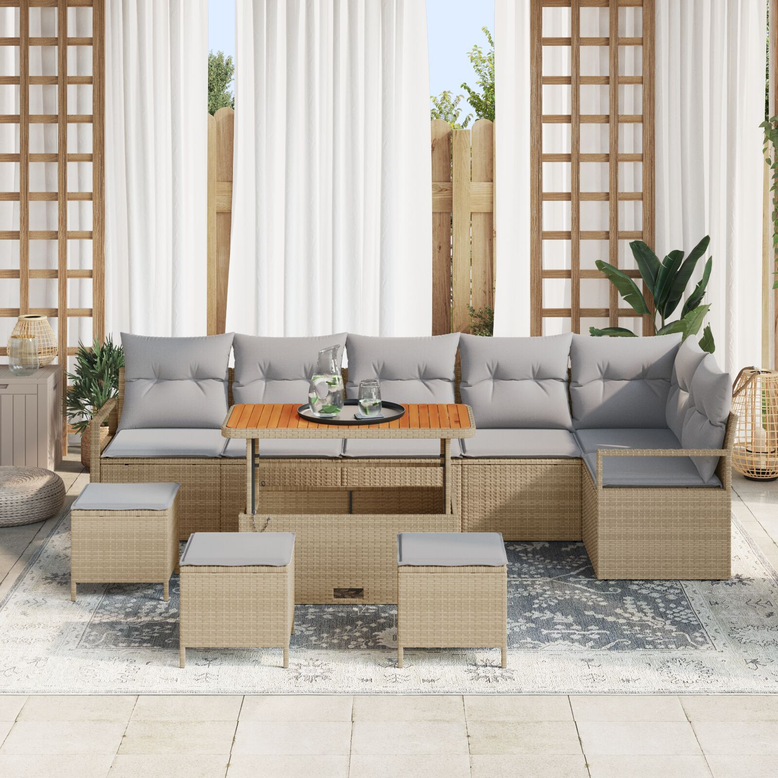 Set canapea de grădină cu 10 piese și perne Bej ratan poli acacia, Canapea de grădină cu 2 locuri și perne Bej ratan poli, Set de dining de grădină cu 4 piese și perne Bej ratan poli acacia GartenMobel Dekor