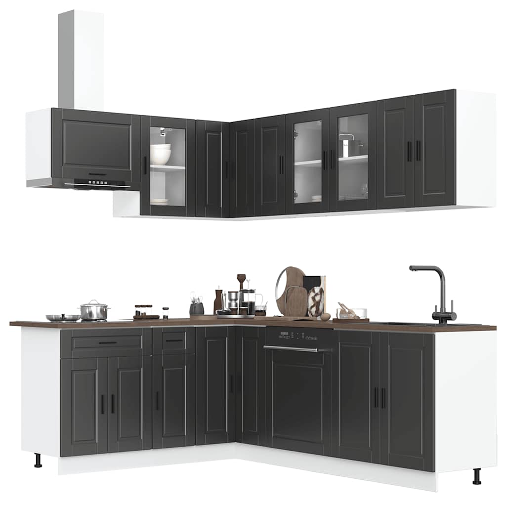Set dulap de bucătărie 11 piese „Porto” lemn negru prelucrat GartenMobel Dekor