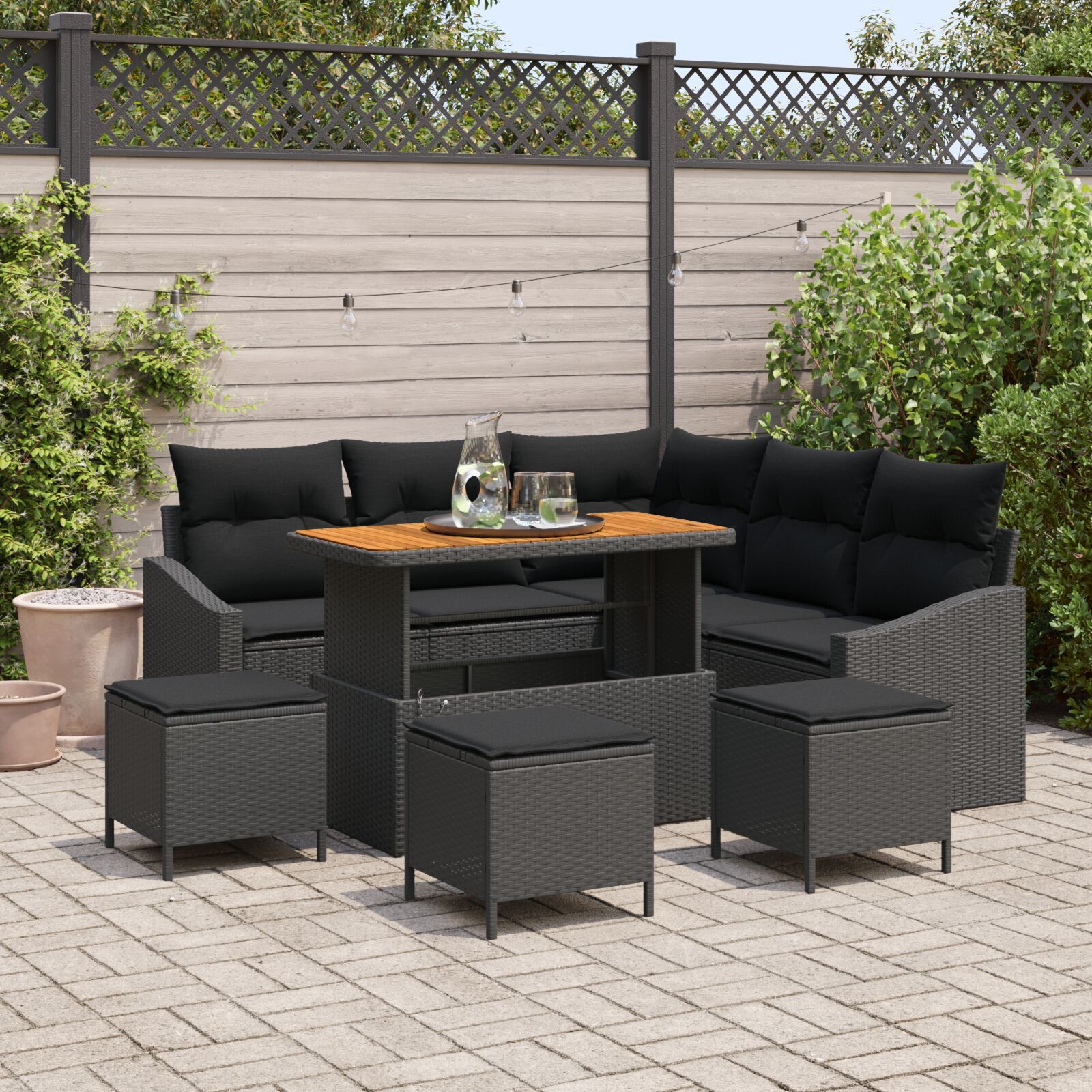 Set de Sofa pentru Grădină cu 9 Piese și Perne Negru Rattan Poly Acacia, Sofa de Grădină cu 2 Locuri și Perne Negru Rattan Poly, Set de Dining pentru Grădină cu 4 Piese și Perne Negru Rattan Poly Acacia GartenMobel Dekor