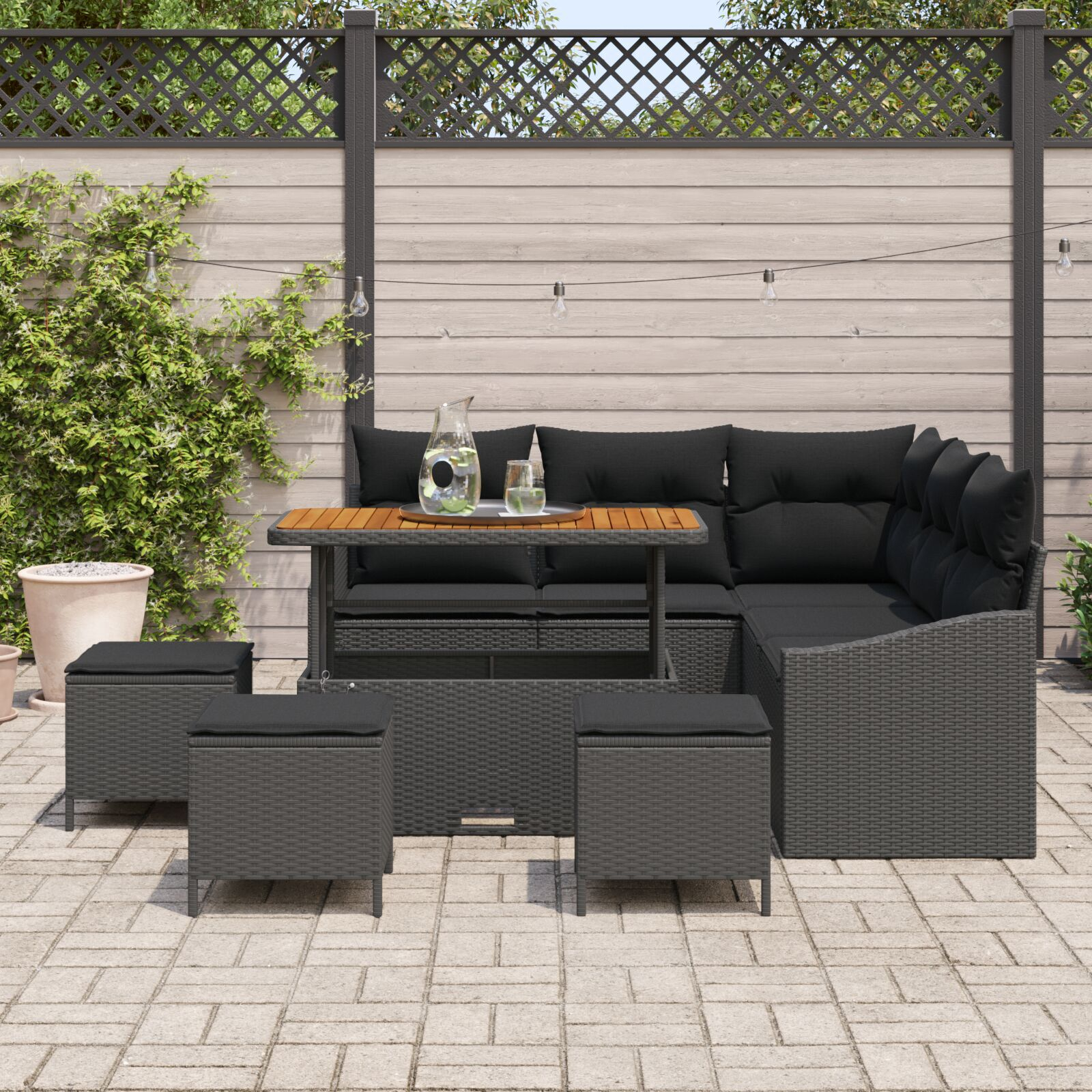 Set de Sofa pentru Grădină cu 9 Piese și Perne Negru Rattan Poly Acacia, Sofa de Grădină cu 2 Locuri și Perne Negru Rattan Poly, Set de Dining pentru Grădină cu 4 Piese și Perne Negru Rattan Poly Acacia GartenMobel Dekor