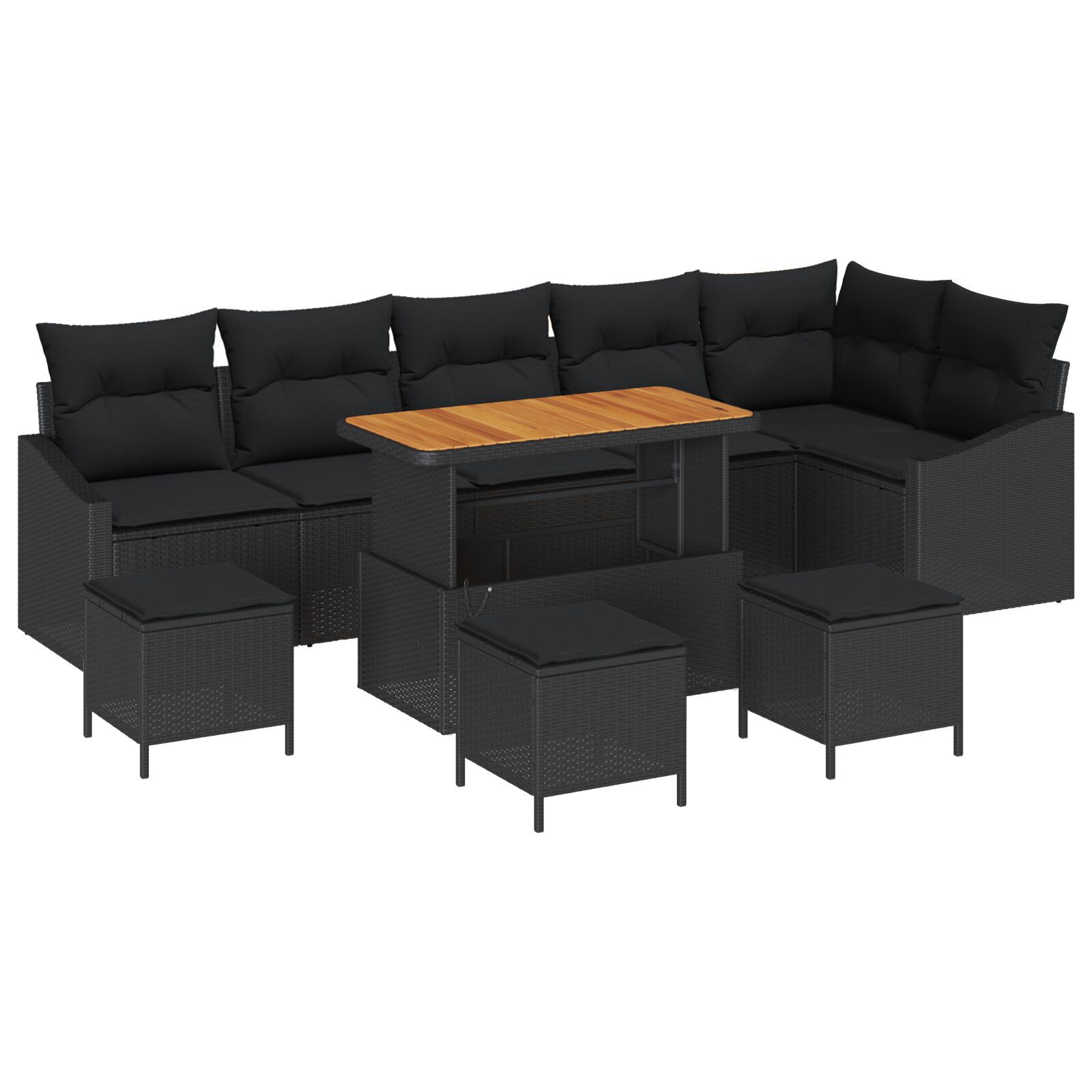 Set canapele 9 piese pentru grădină cu perne negre din poliratan și acacia, Sofa grădină cu 2 locuri și perne negre din poliratan, Set dining grădină 3 piese cu perne negre din poliratan și acacia GartenMobel Dekor