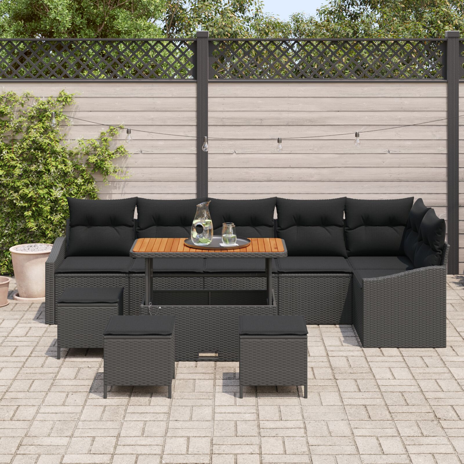 Set canapele 9 piese pentru grădină cu perne negre din poliratan și acacia, Sofa grădină cu 2 locuri și perne negre din poliratan, Set dining grădină 3 piese cu perne negre din poliratan și acacia GartenMobel Dekor
