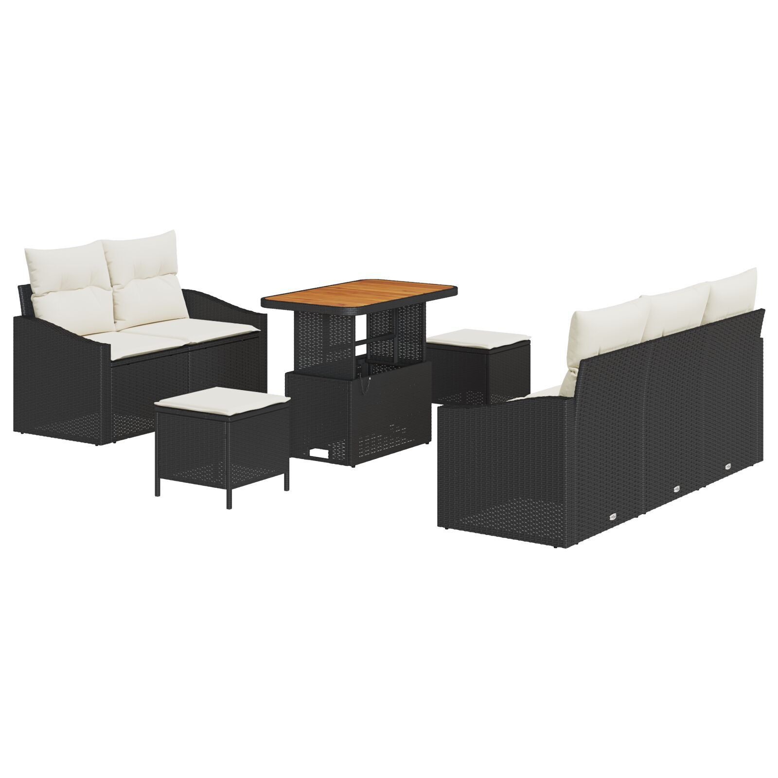 Set de 8 Piese Sofa pentru Grădină cu Pernuțe Negru Poliratan Acacia , Sofa pentru Grădină cu două locuri cu Pernuțe Negru Poliratan, Set pentru Servit Masa din 3 Piese cu Pernuțe Negru Poliratan Acacia GartenMobel Dekor