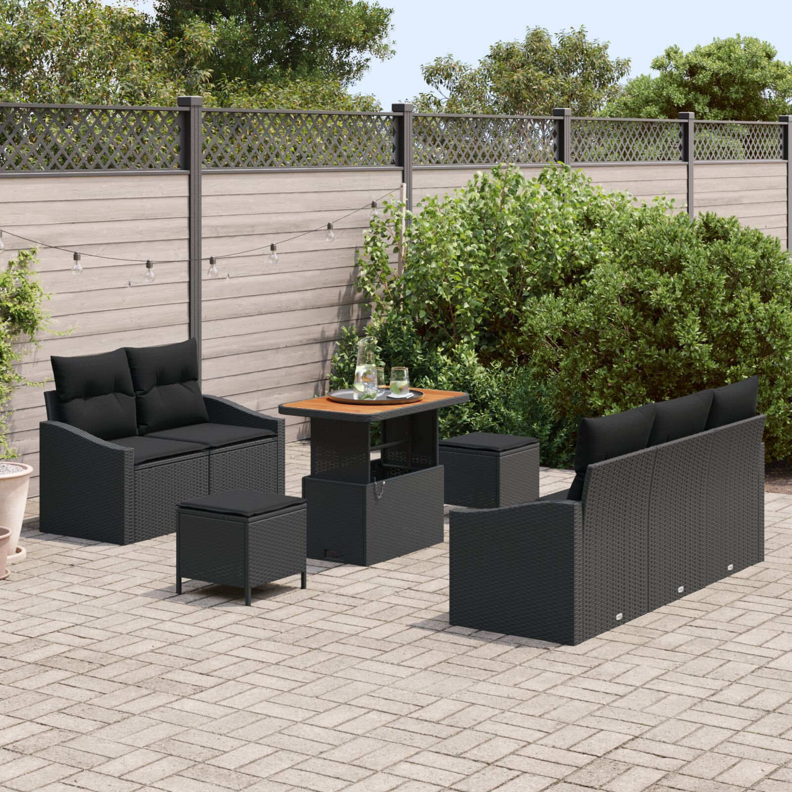 Set de canapea de grădină 8 piese cu perne Negru Poliratan Acacia, Canapea de grădină 2 locuri cu perne Negru Poliratan, Set de dining de grădină 3 piese cu perne Negru Poliratan Acacia GartenMobel Dekor