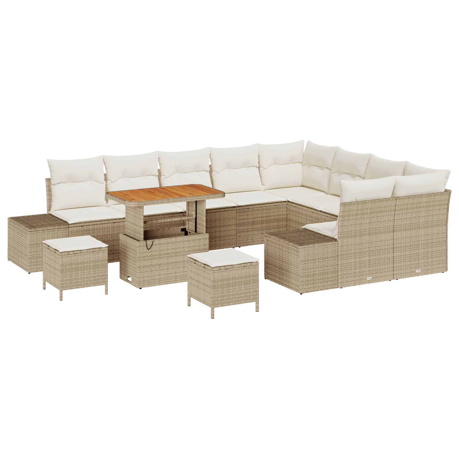 Set de Canapea de Grădină 12 Piese cu Perne Bej Rattan Polietilenic Acacia, Set de Masă de Grădină 3 Piese cu Perne Bej Rattan Polietilenic Acacia, Canapea de Grădină cu 2 Locuri și Perne Bej Rattan Polietilenic GartenMobel Dekor