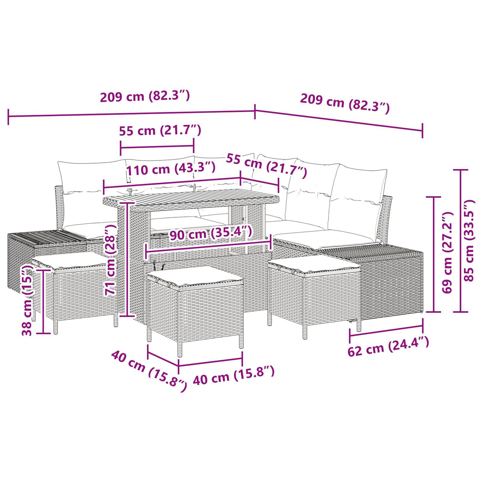 Set de canapea de grădină 8 piese cu perne Ratan negru Acacia, Canapea de grădină 2 locuri cu perne Ratan negru, Set de dining de grădină 3 piese cu perne Ratan negru Acacia GartenMobel Dekor